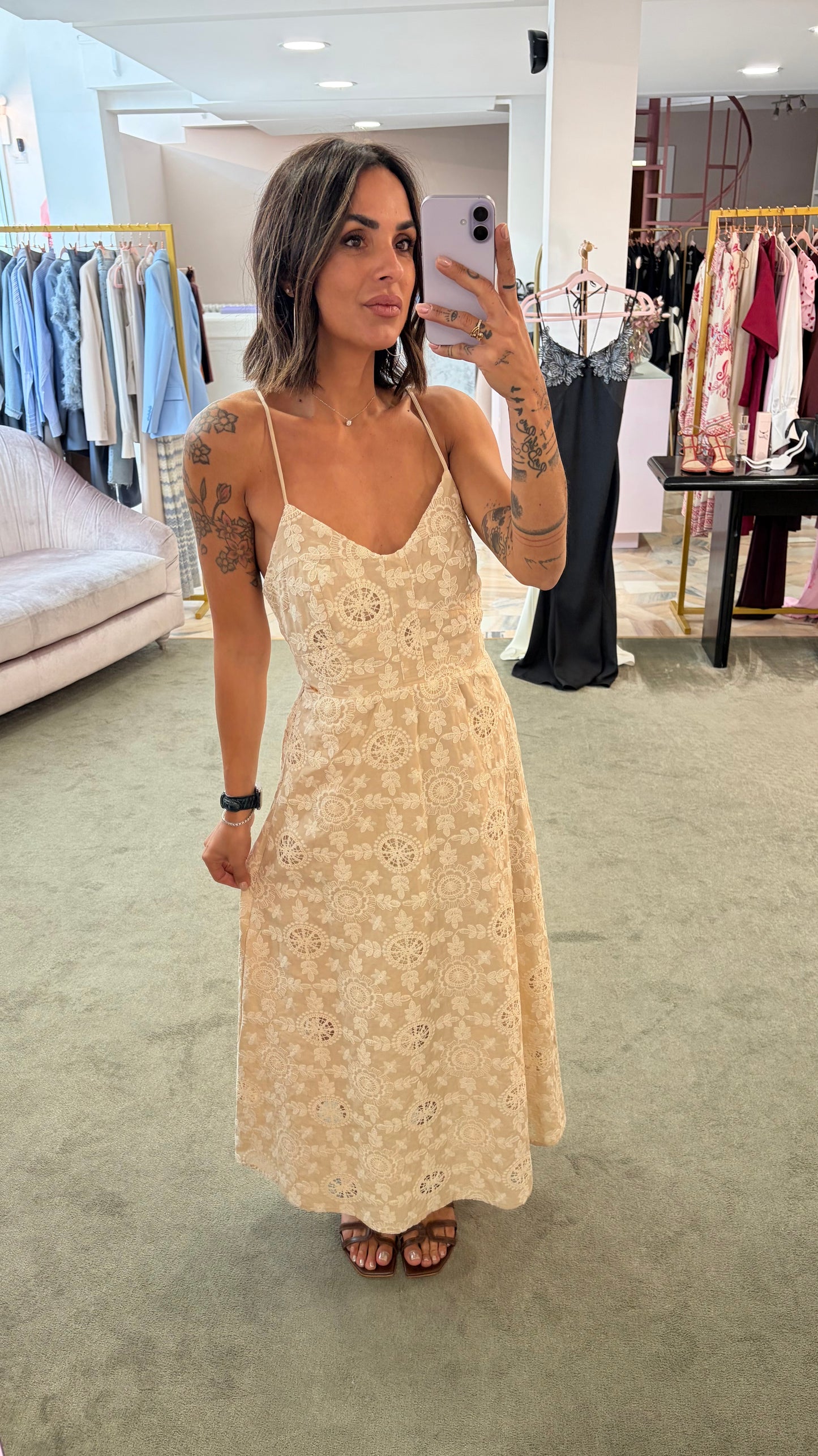 Abito midi beige macramè fr