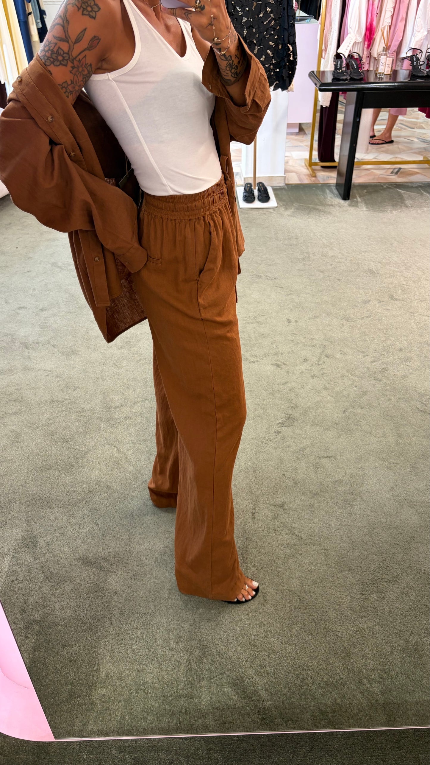 Pantaloni mattone in lino con elastico e coulisse in vita sy