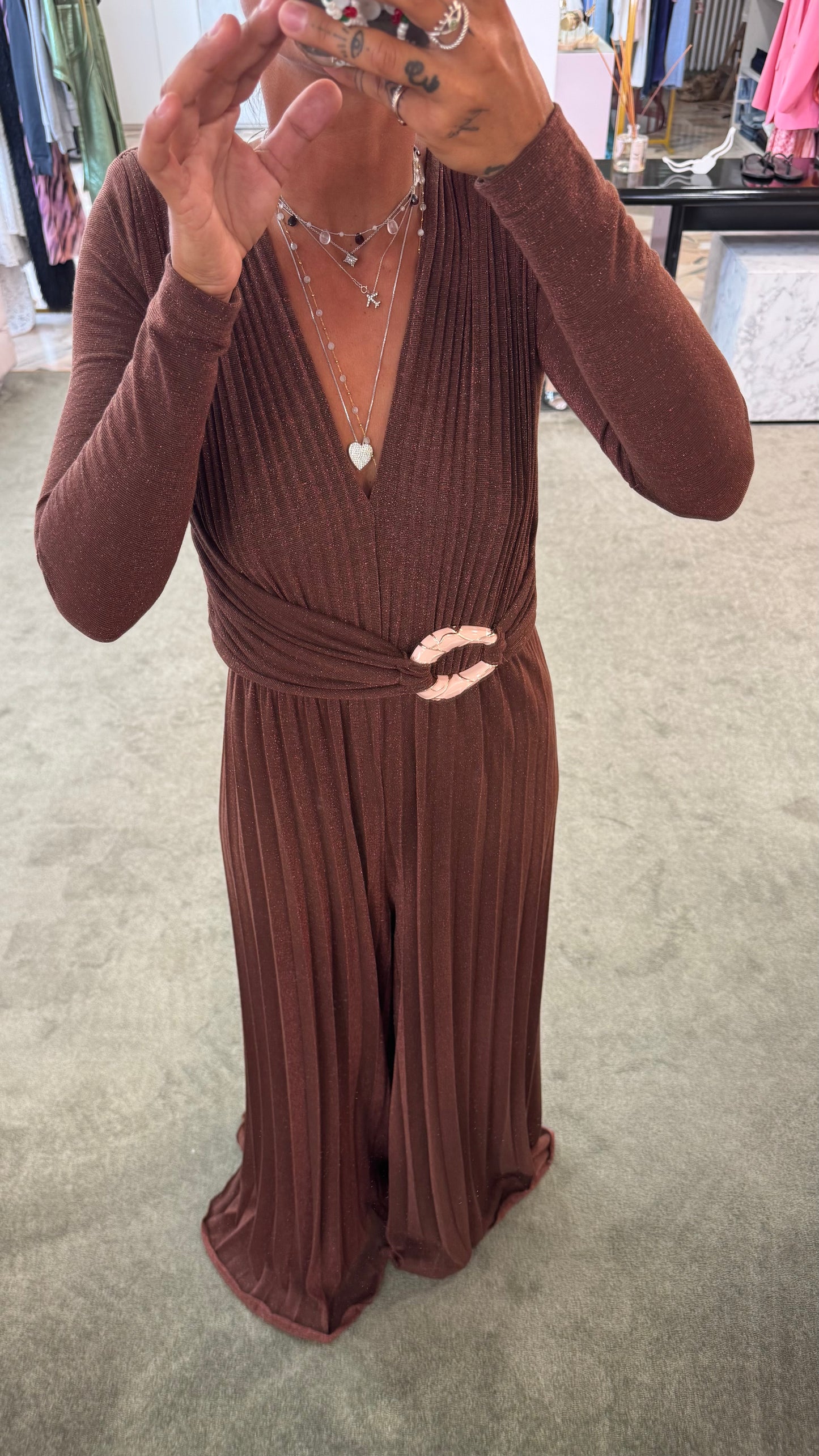 Jumpsuit marrone lurex plisse’ in maglia  fr