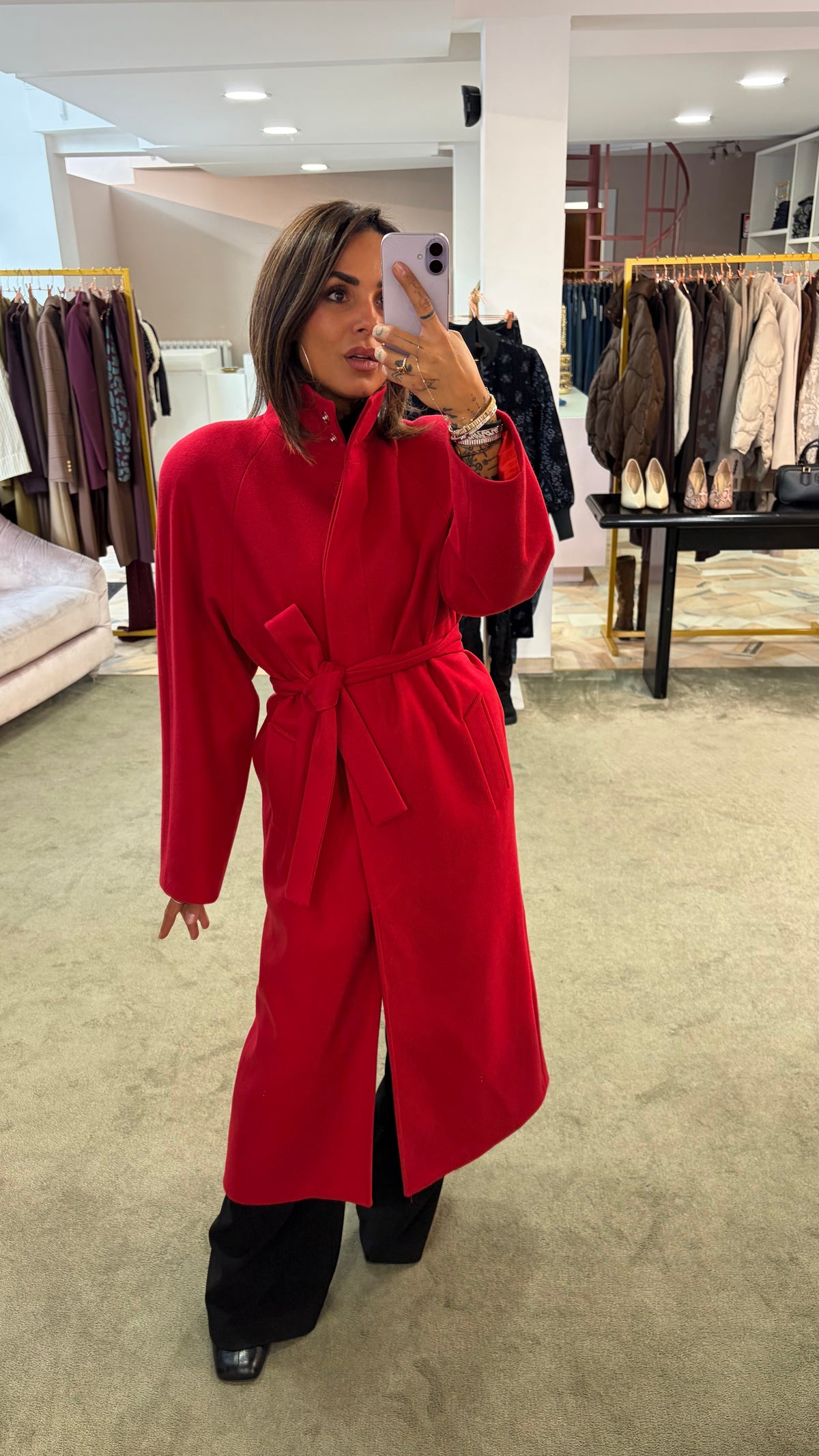 Cappotto lungo rosso con cintura Actualee