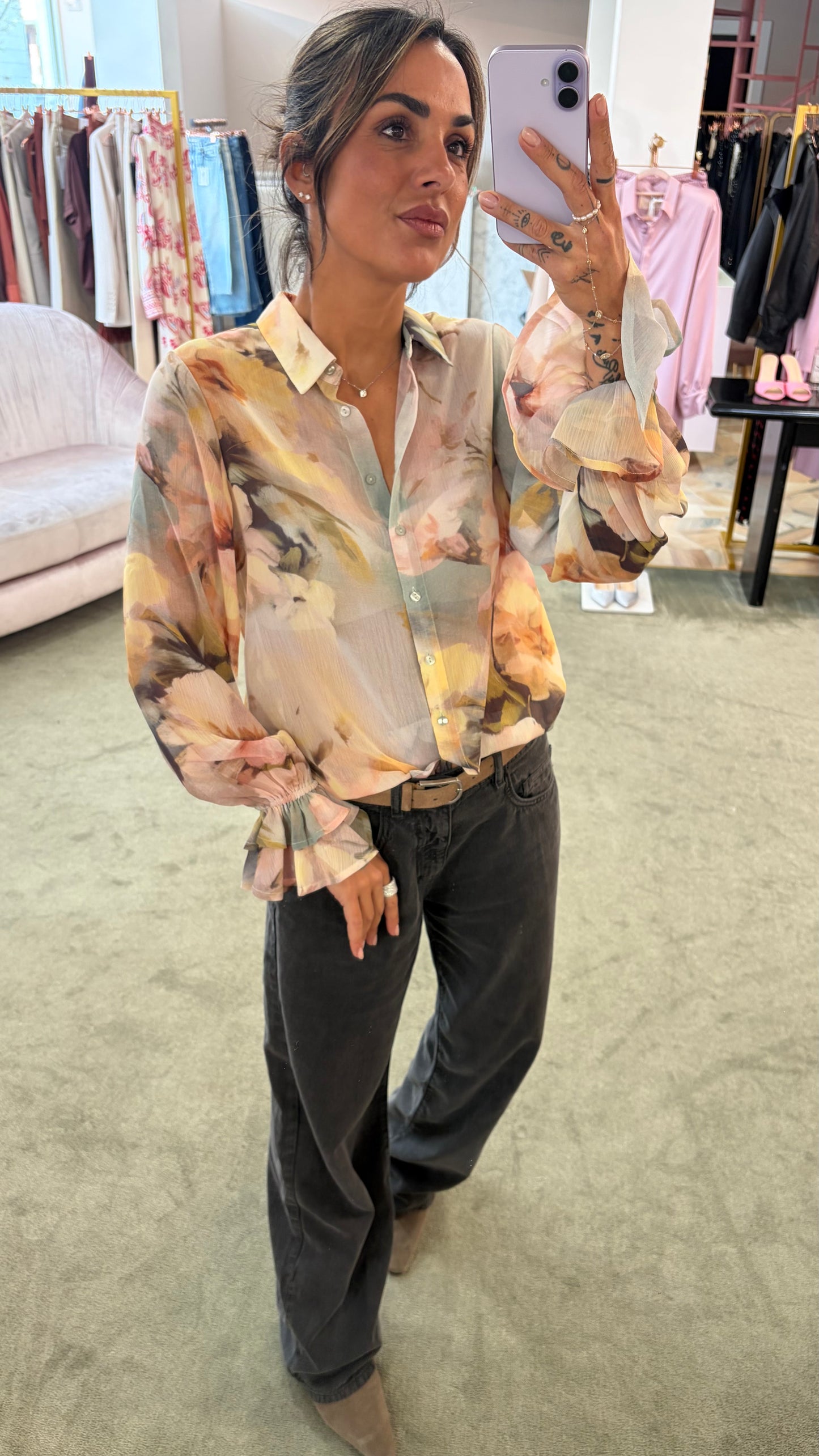 Camicia carmen nude verde con fiori sy