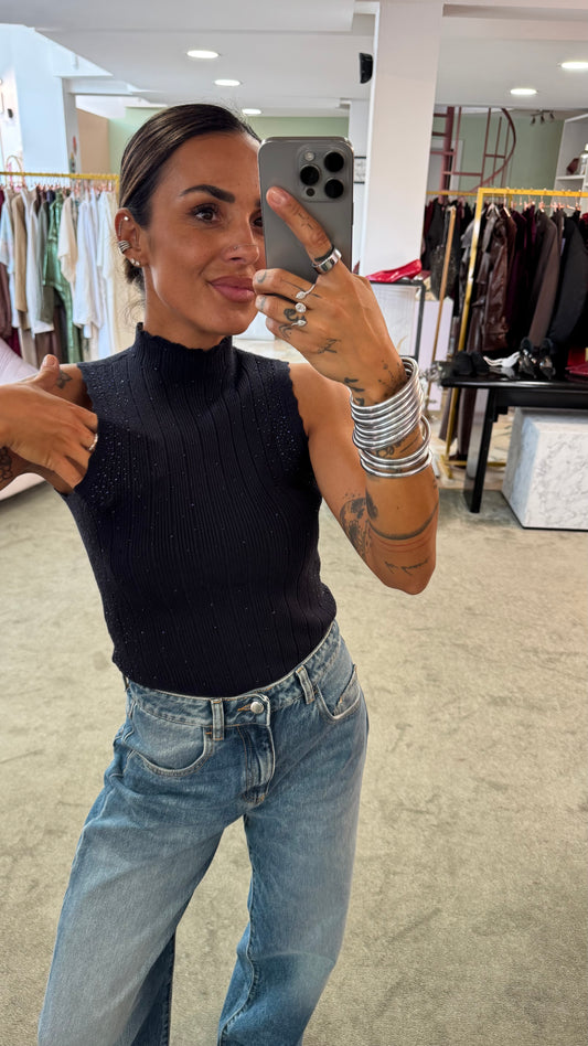 Lupetto smanicato blu notte con cristalli a costine fr