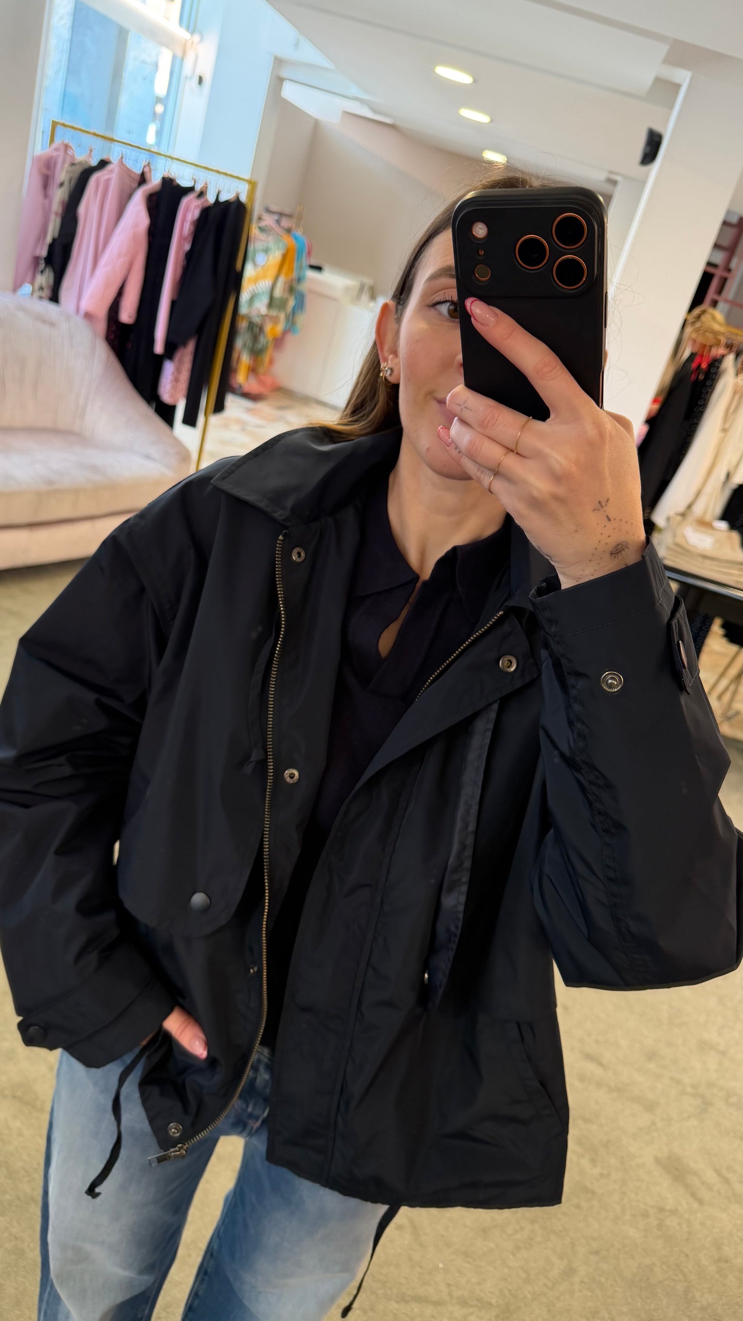 Trench blu notte corto con cappuccio sy