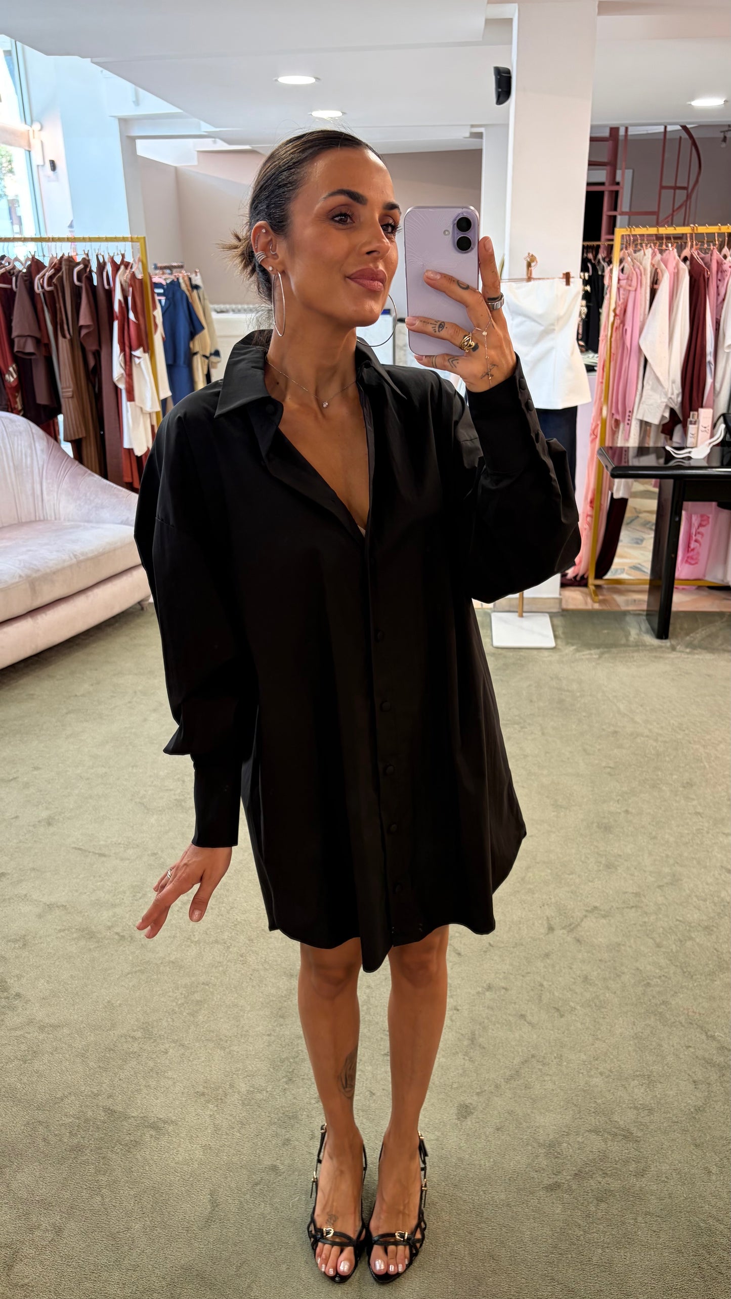 Abito camicia nero con pareo in popeline ks