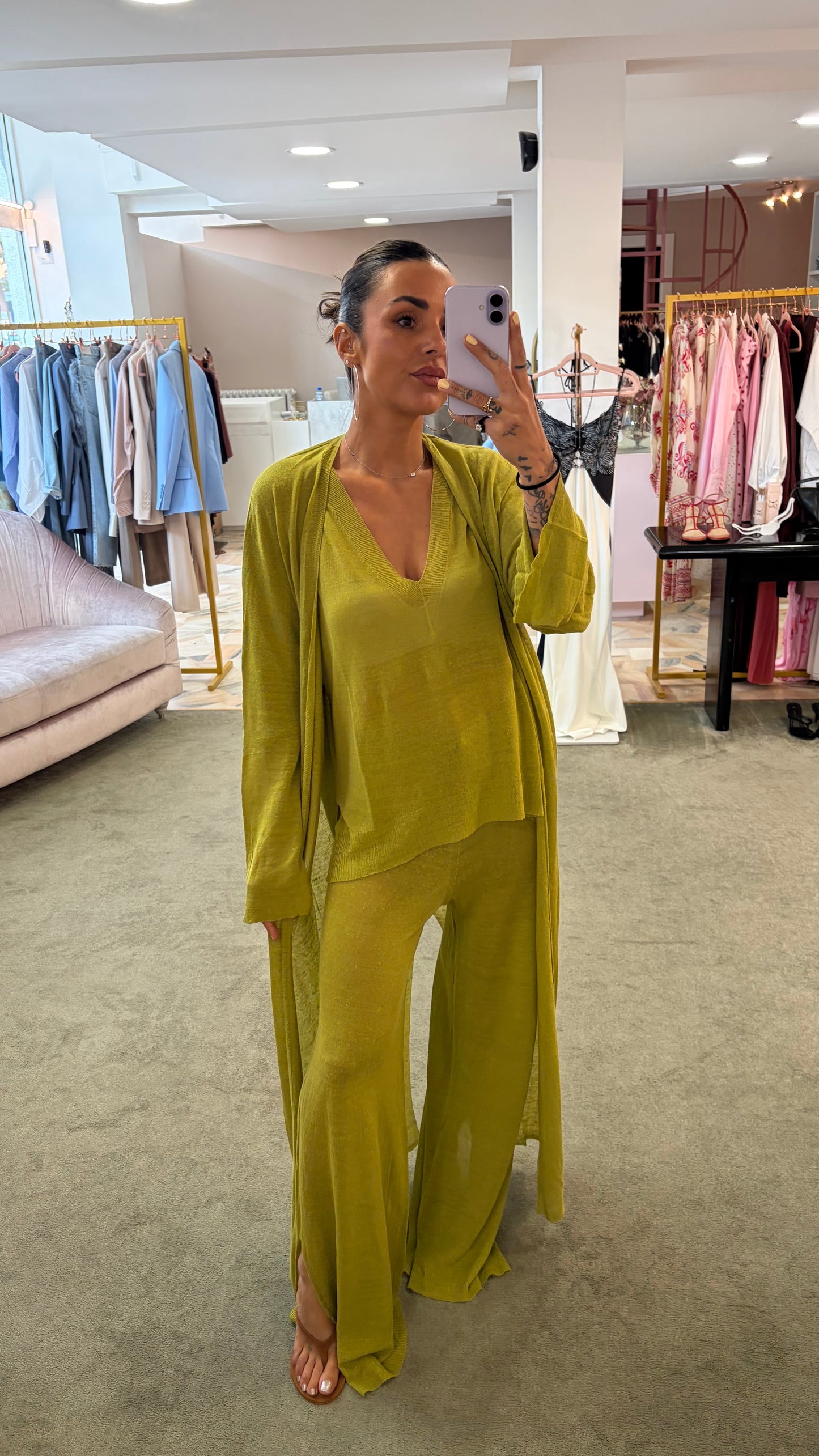 Cardigan lungo verde pistacchio in lino fy