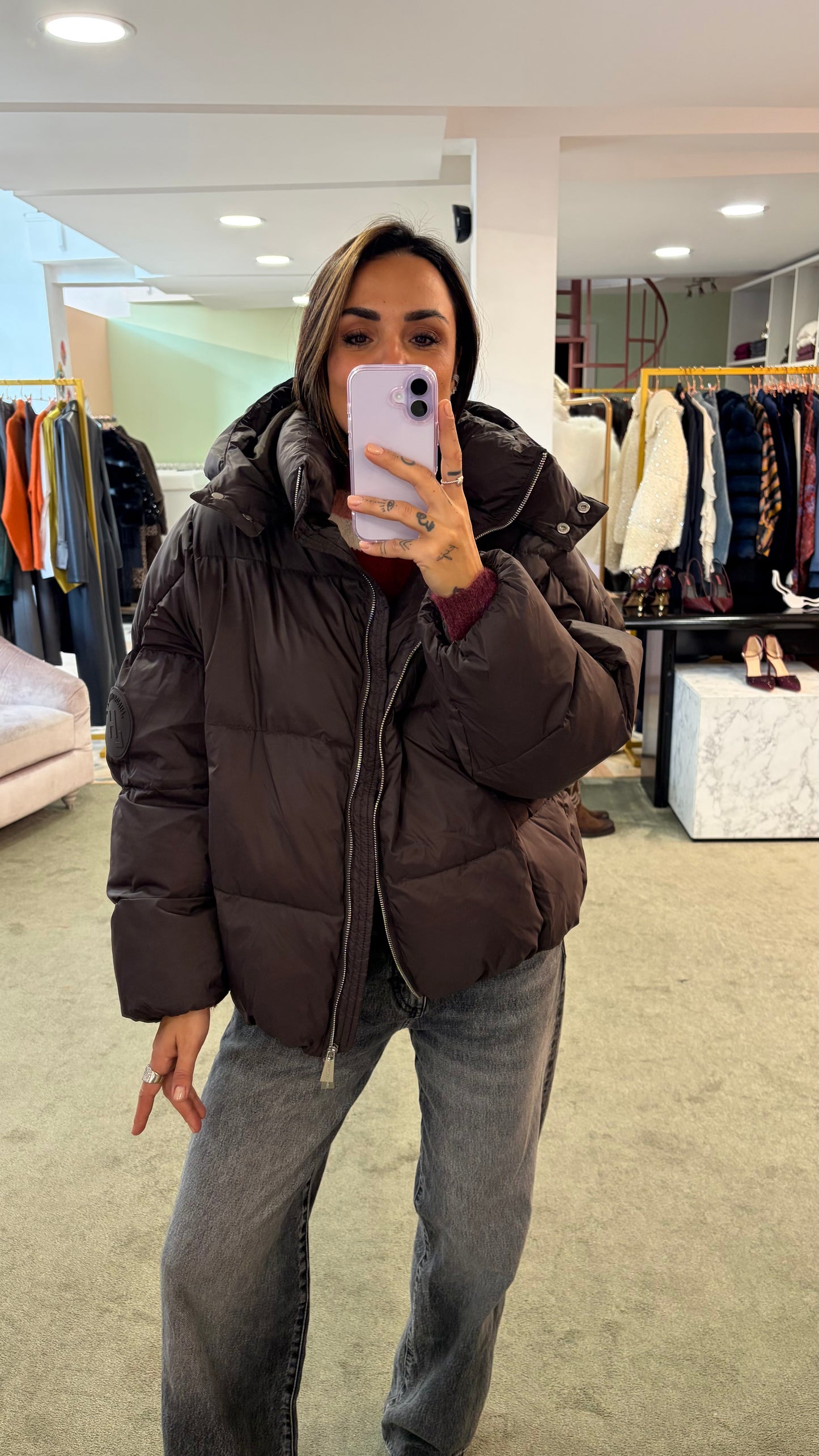 Piumino marrone testa di moro over con cappuccio Hinnominate