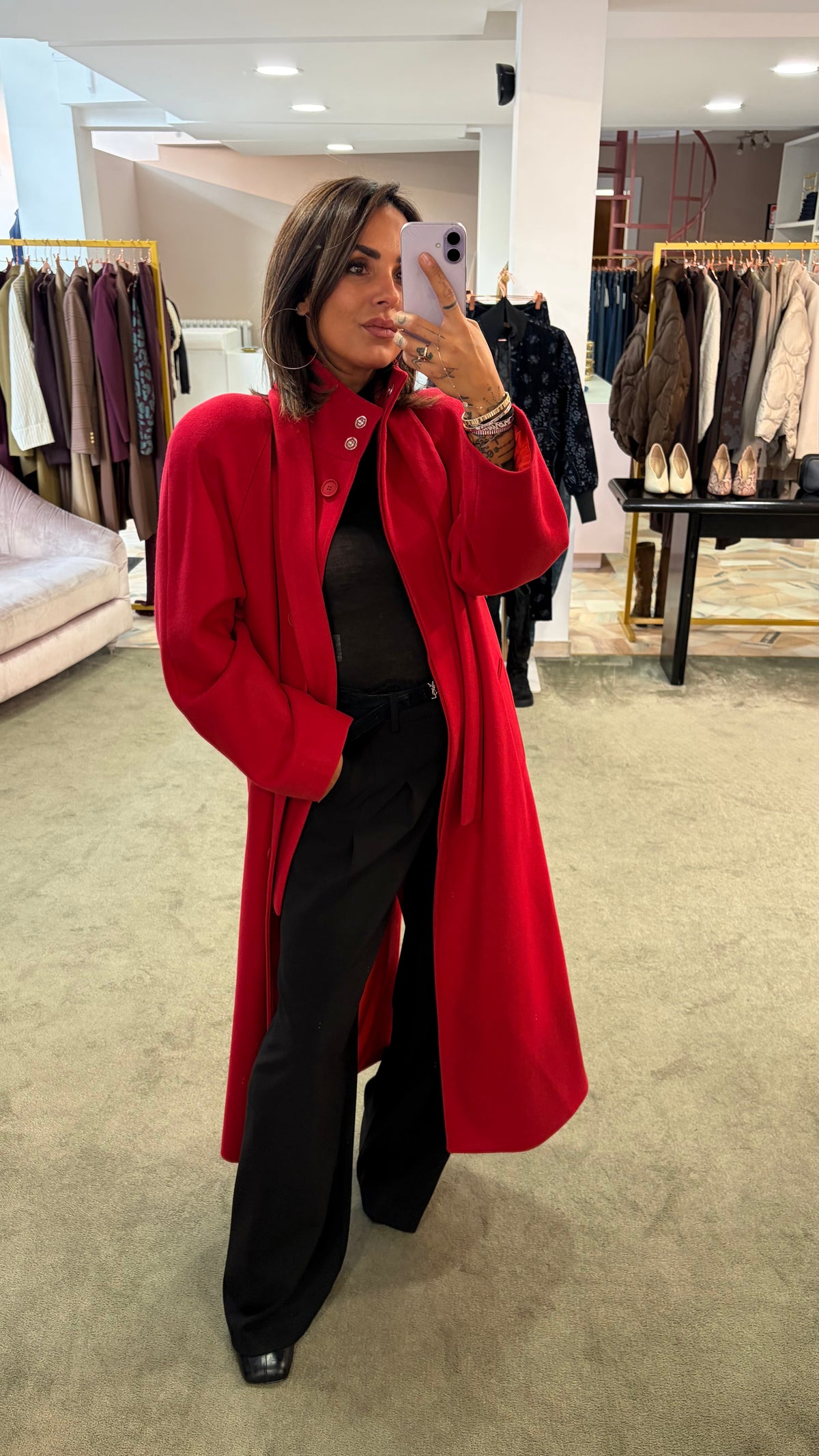 Cappotto lungo rosso con cintura Actualee
