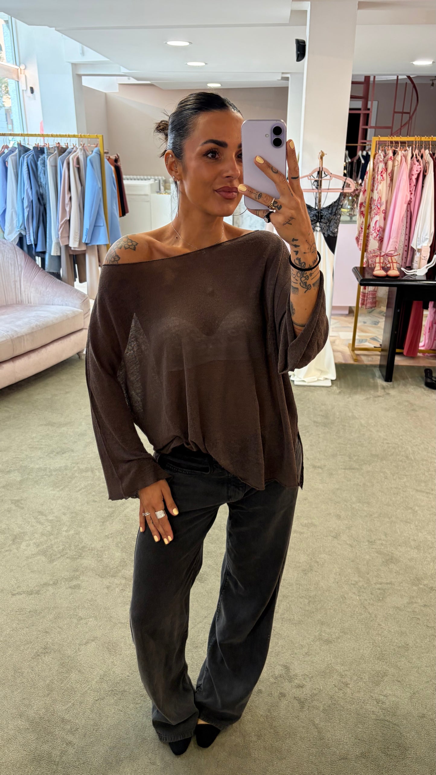 Maglia marrone cacao scollo a barchetta in lino fy