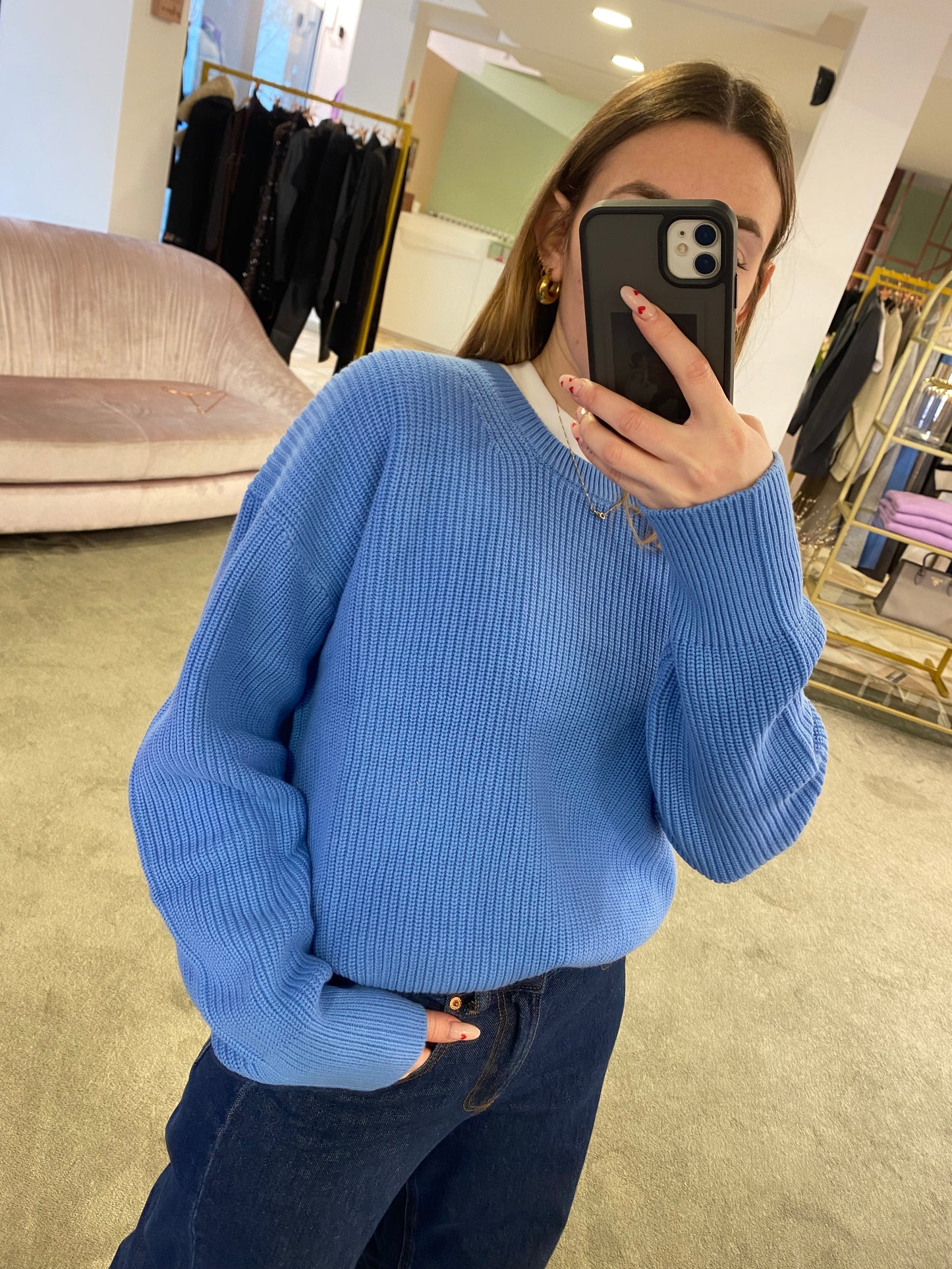 Maglione girocollo azzurro in cotone
