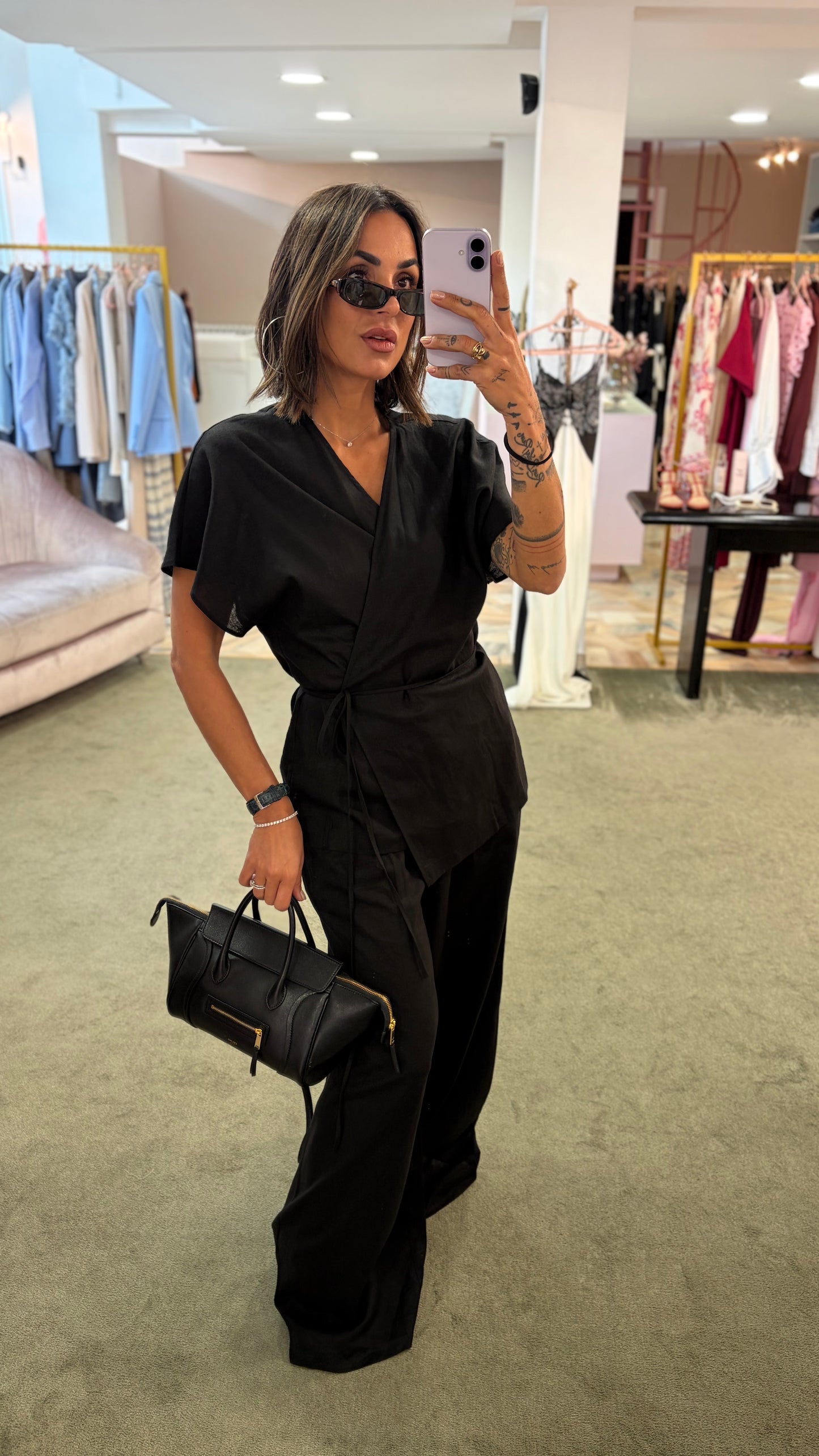 Pantaloni neri wide leg in lino Hinnominate