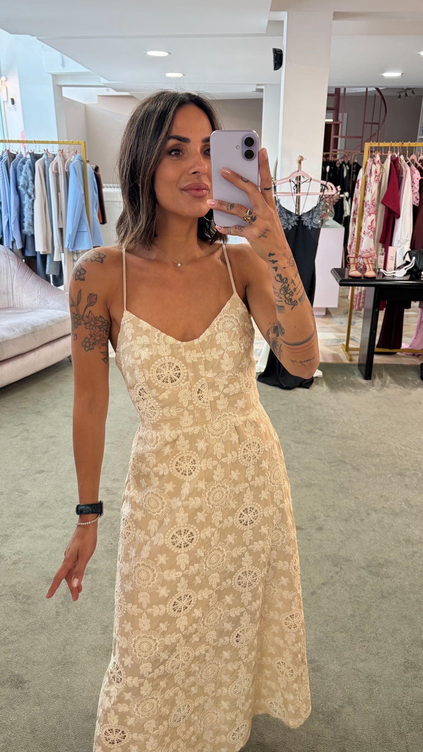 Abito midi beige macramè fr