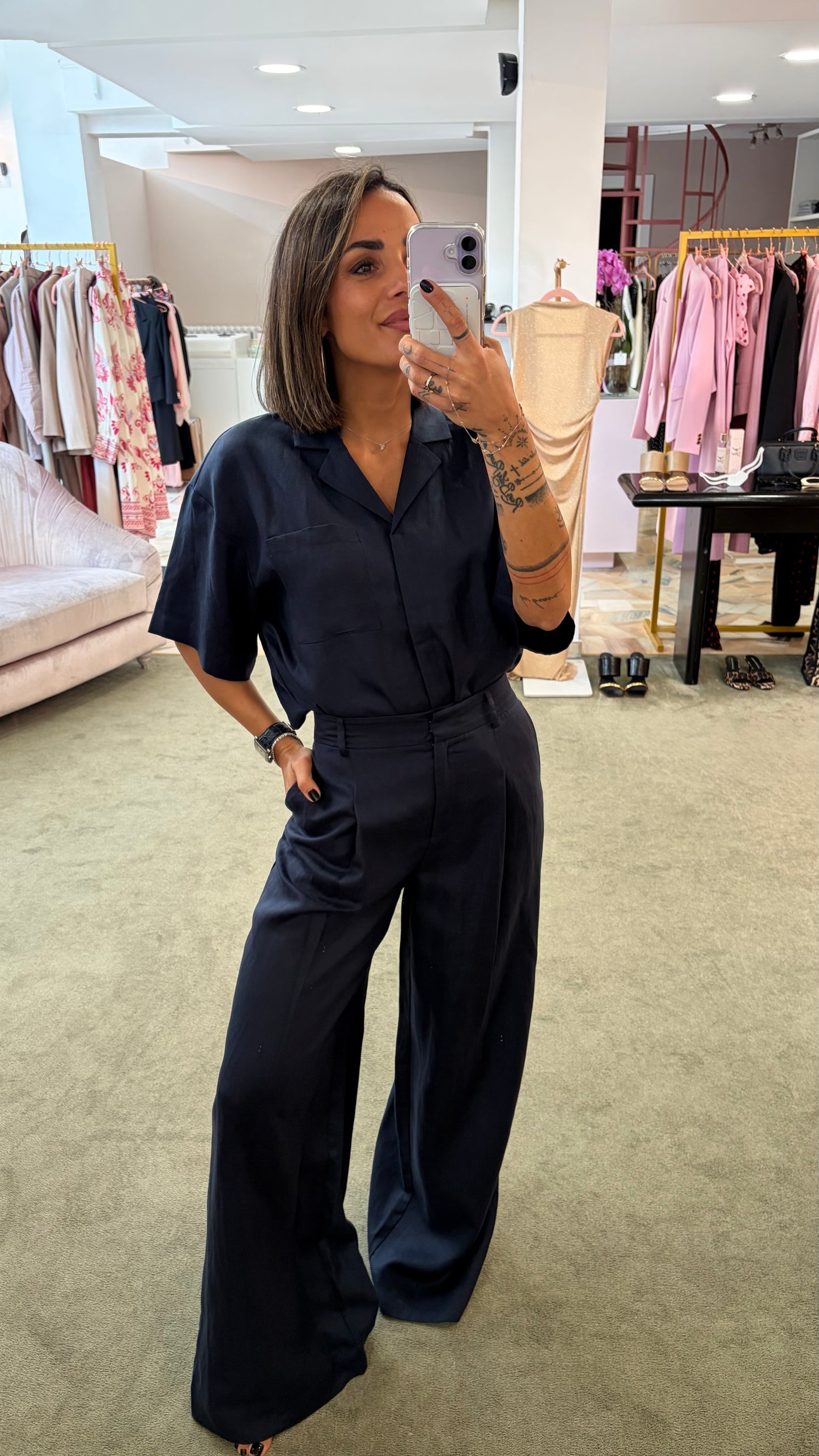 Pantaloni blu notte a palazzo con pences sl