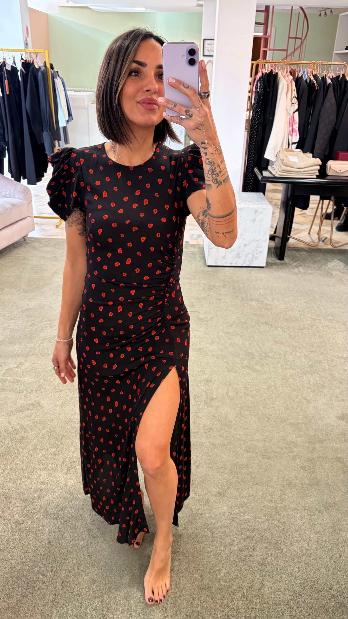 Abito kristel midi MAR DE MARGARITAS nero con fiorellini rossi