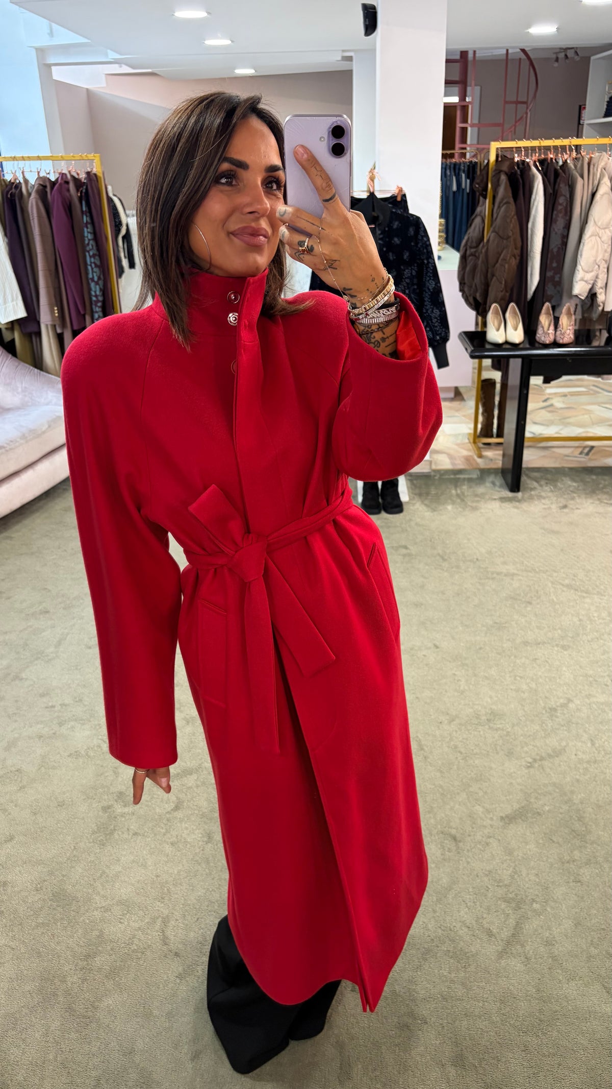 Cappotto lungo rosso con cintura Actualee