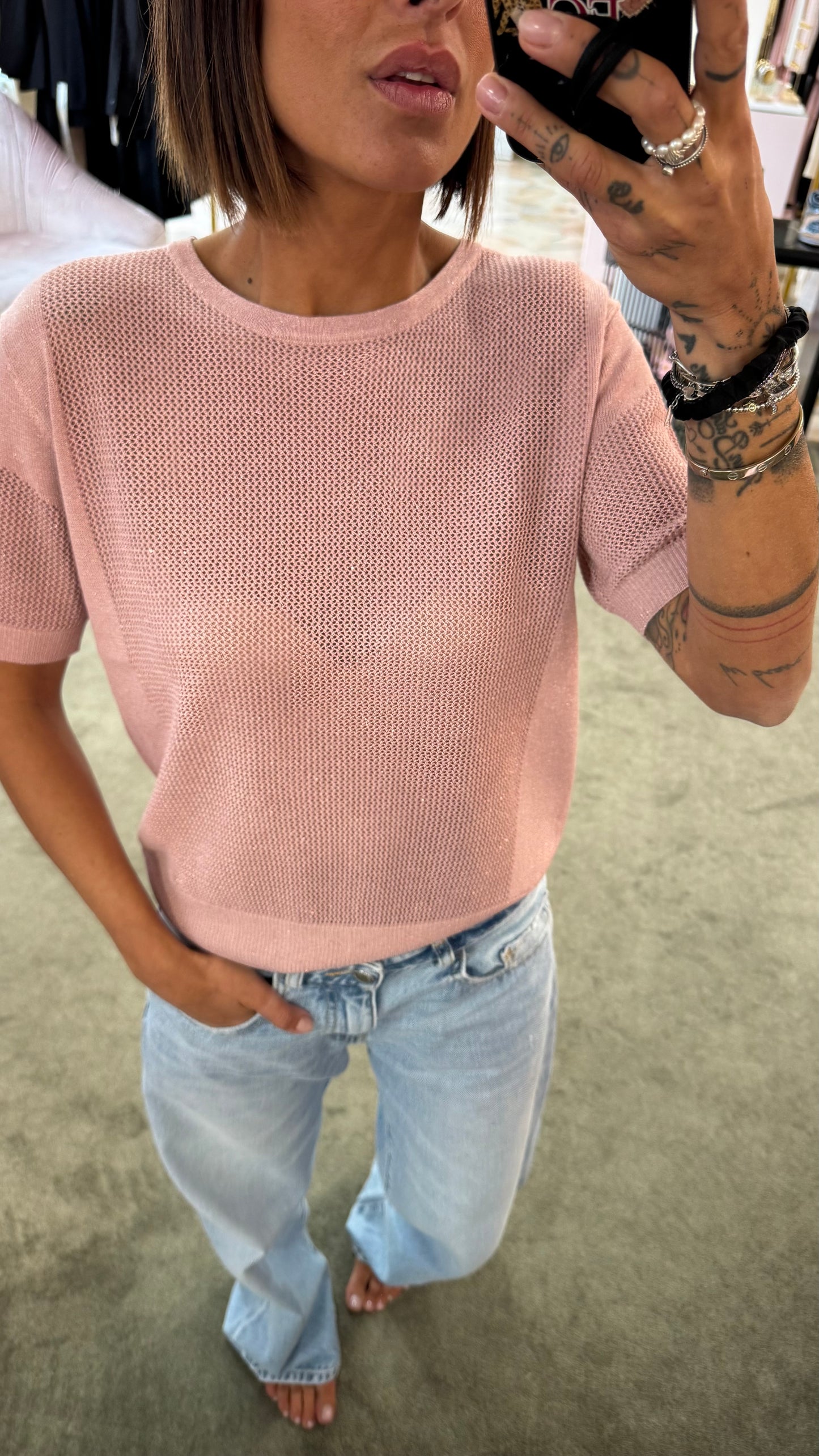 Maglia rosa sottoggiacca manica corta in lamè fr