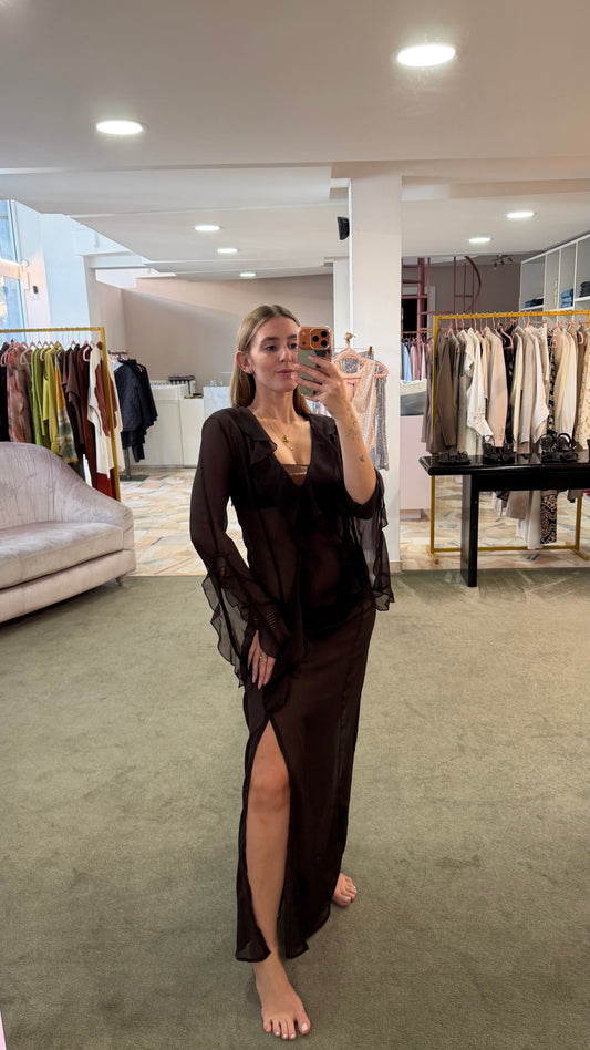 Abito kimono cioccolato trasparente con volant gl