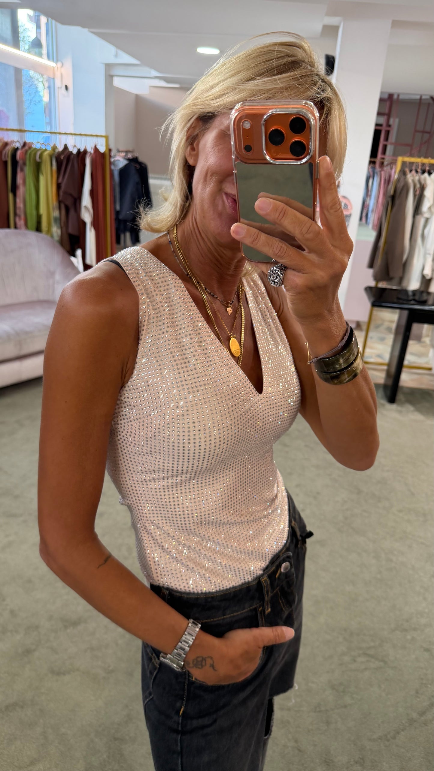 Body rosa cipria crystal smanicato scollo a v tw