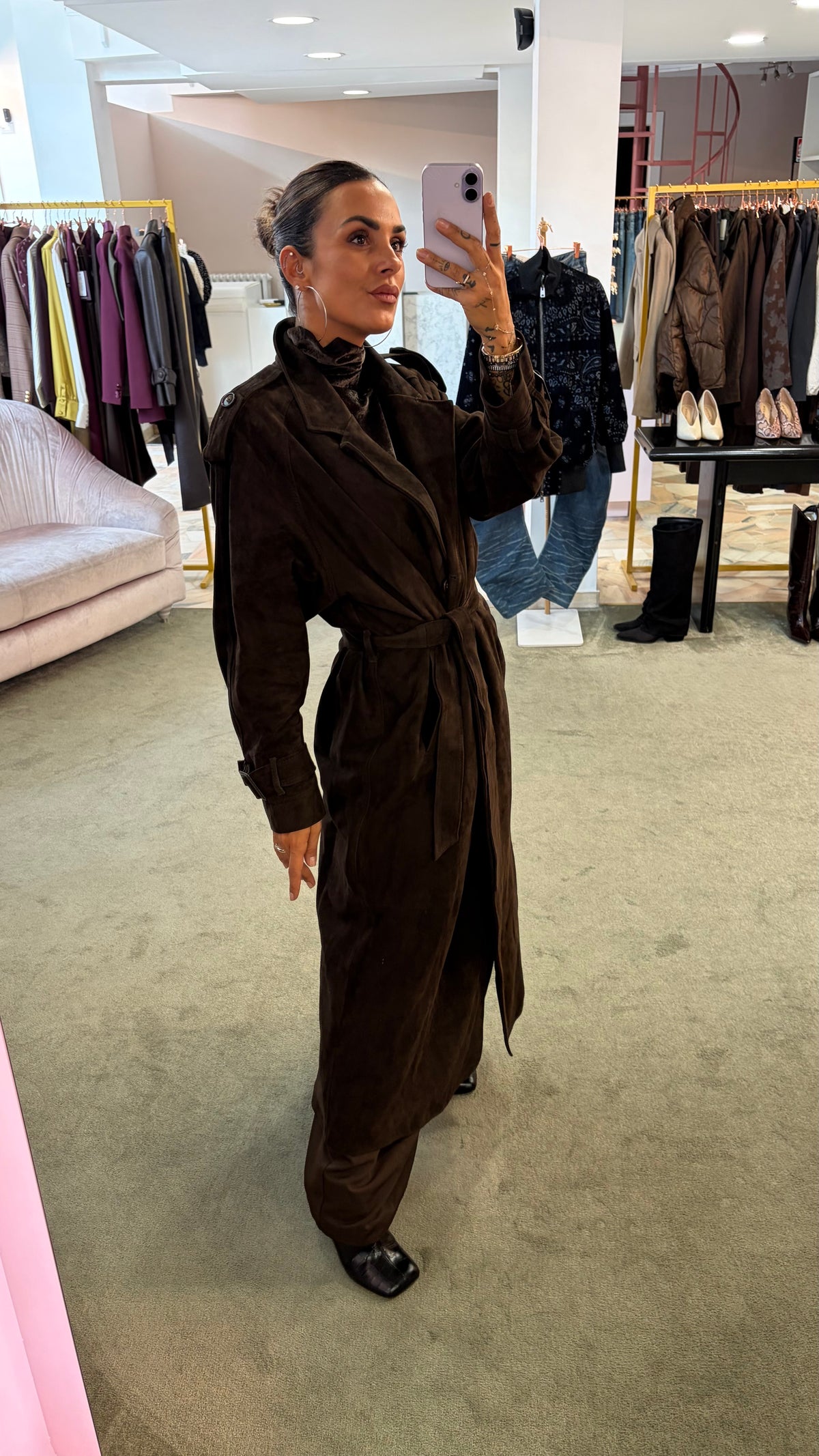 Trench marrone testa di moro lungo con cintura in pelle scamosciata Marsem