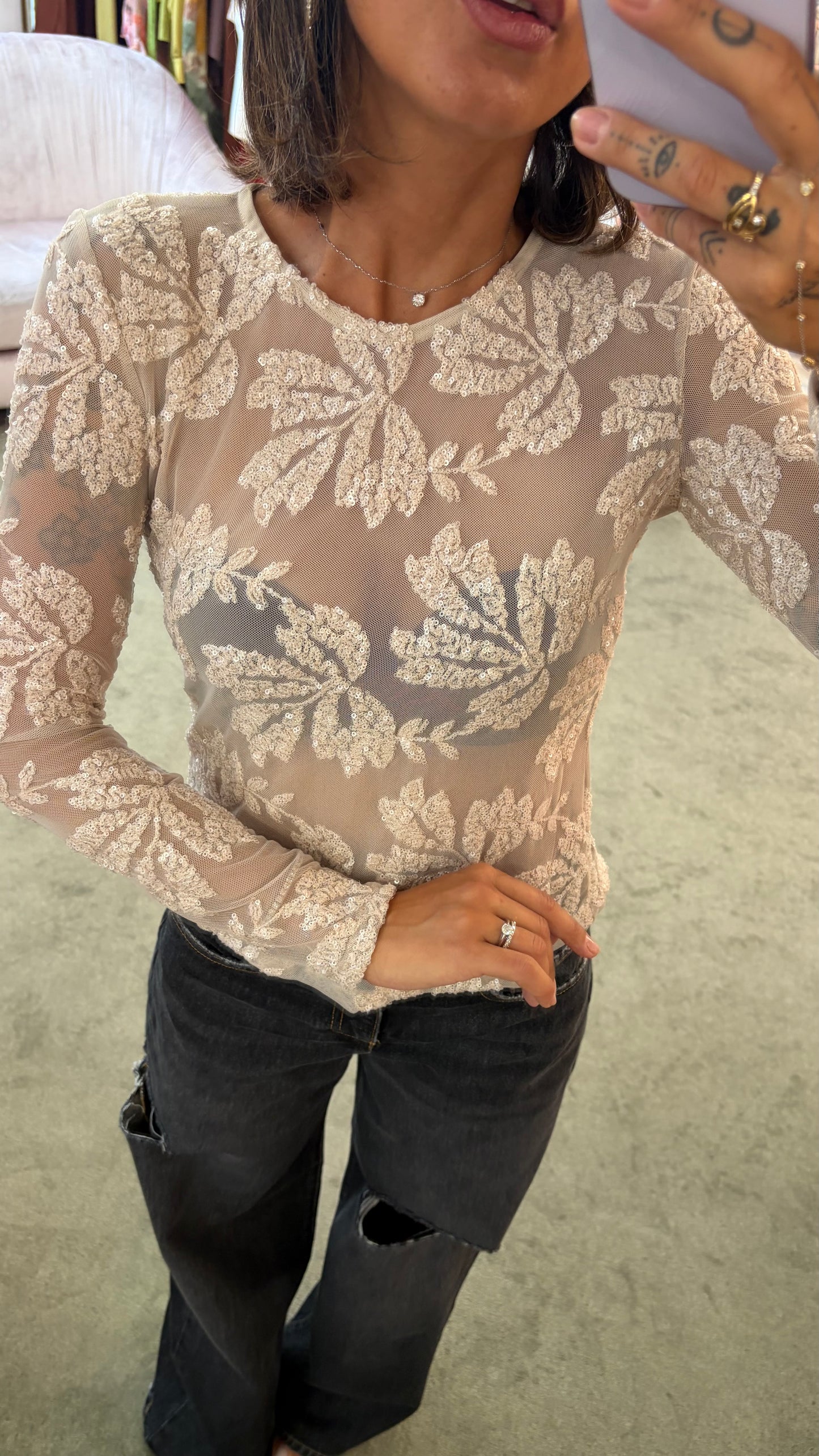 Maglia nude manica lunghe con ricami perline fr