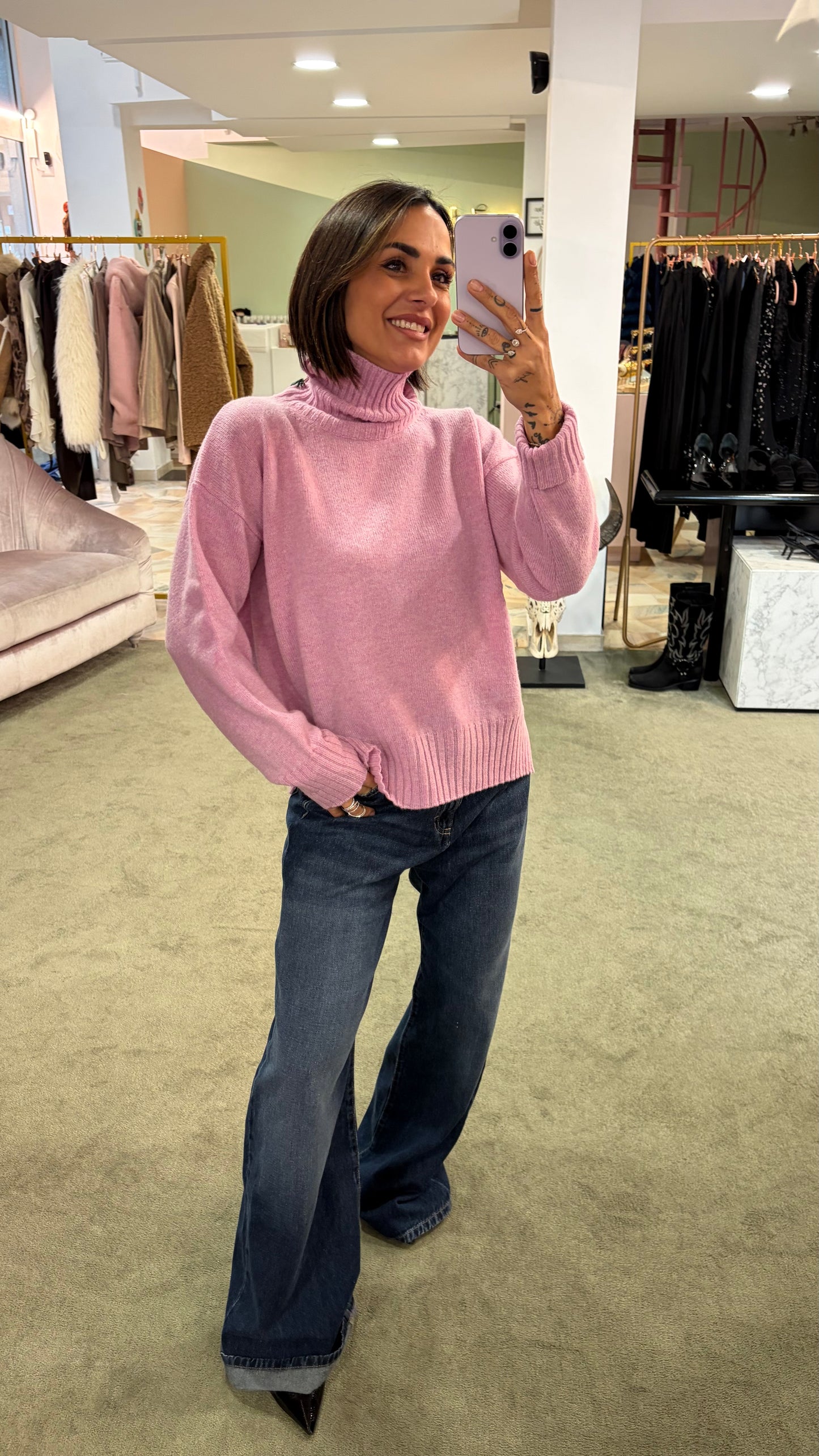 Dolcevita rosa peonia a scatoletta in lana Irish