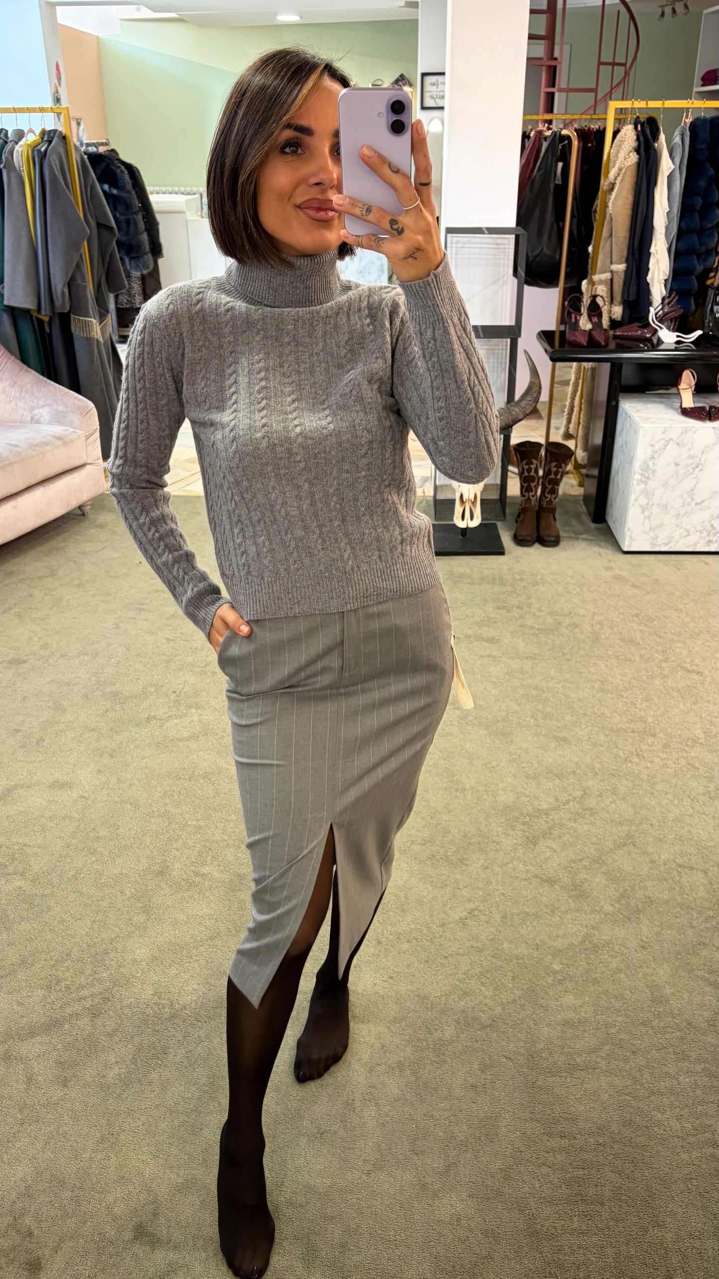 Gonna longuette MAR DE MARGARITAS grigia gessata con spacco