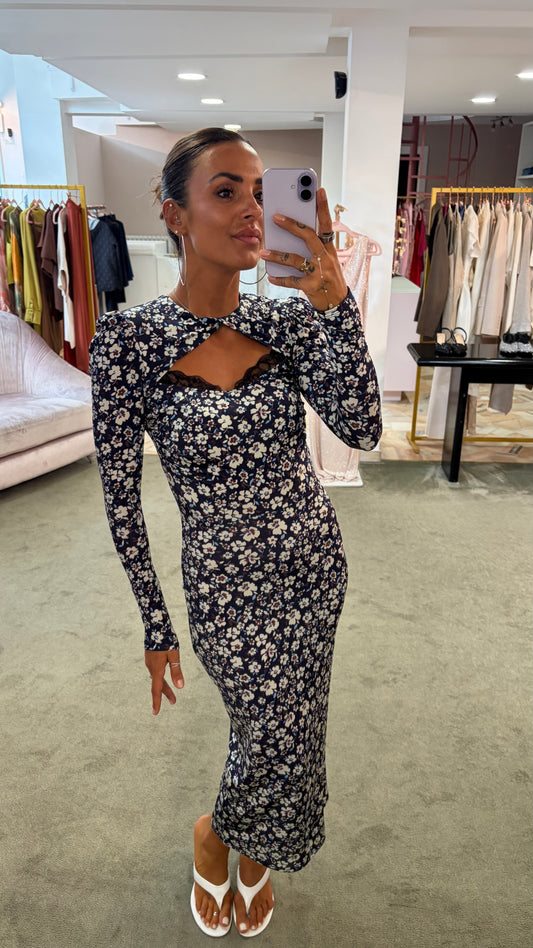 Abito blu con fiorellini cut out pizzo MAR DE MARGARITAS