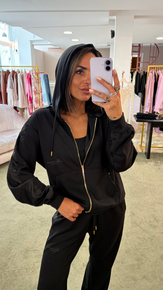 Felpa elegant nera con cappuccio e inserti in raso Hinnominate