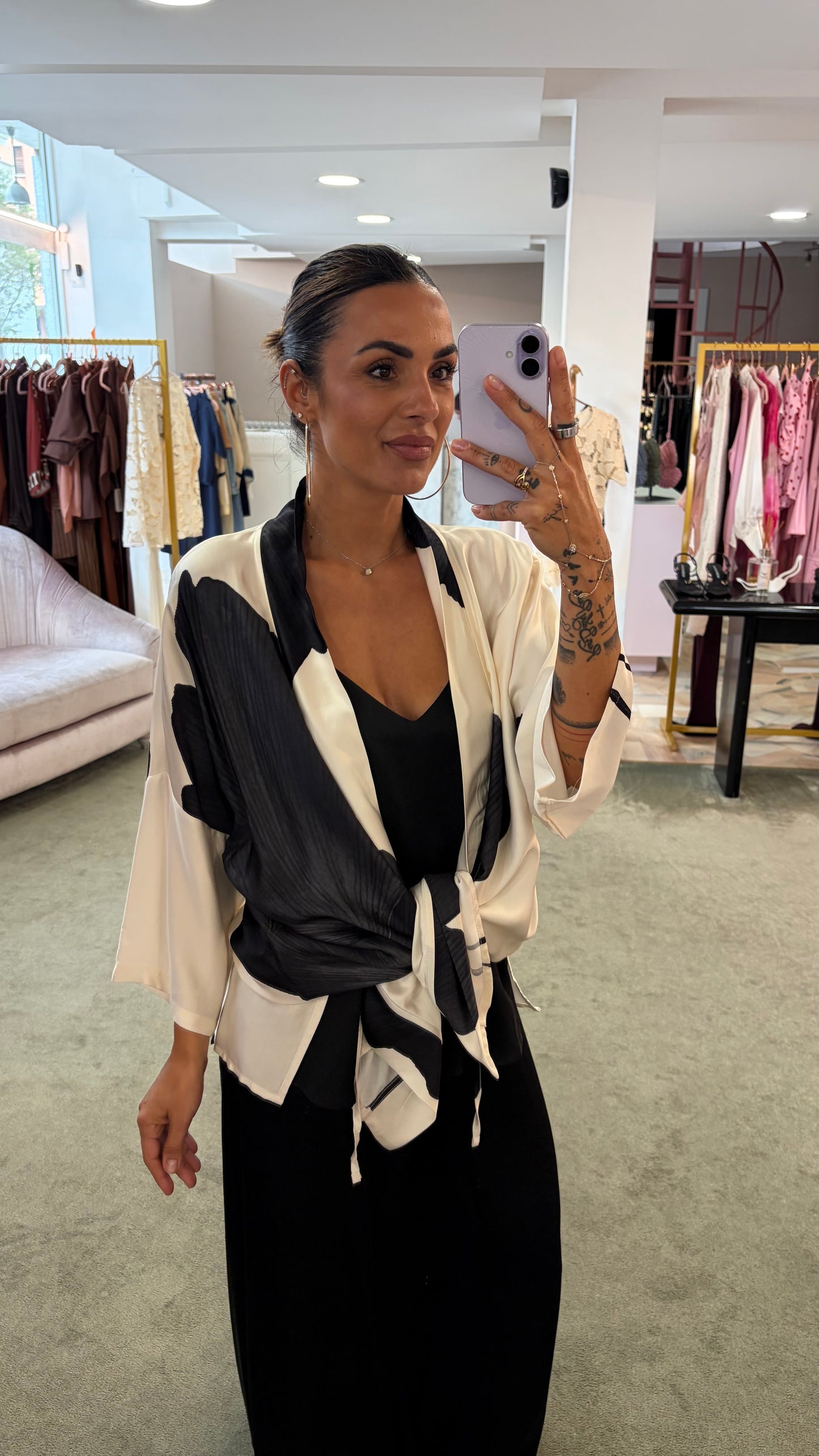 Kimono panna fantasia foglie nere ay