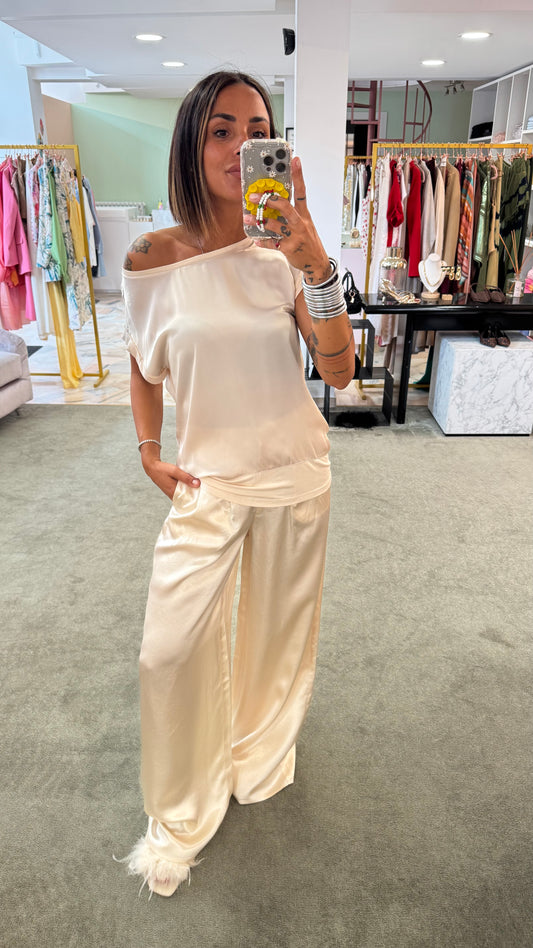 Pantaloni avorio in satin wide leg sl