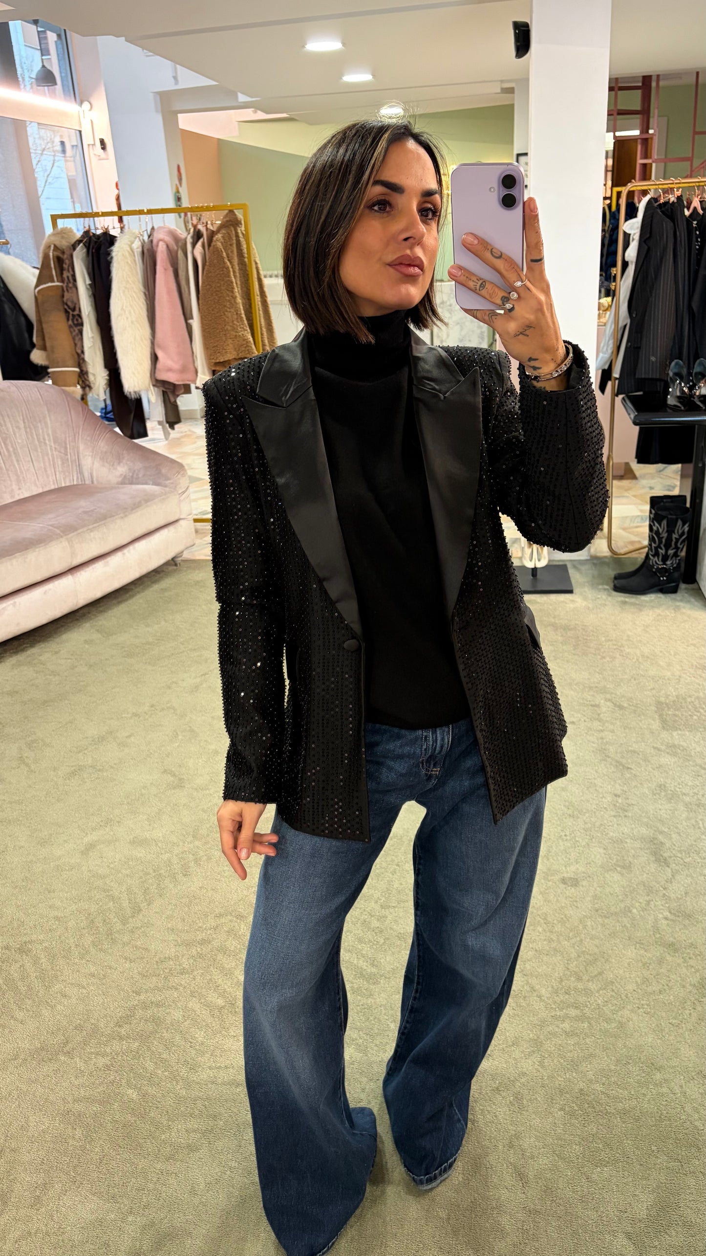 Blazer nero crystal con rever in raso fr