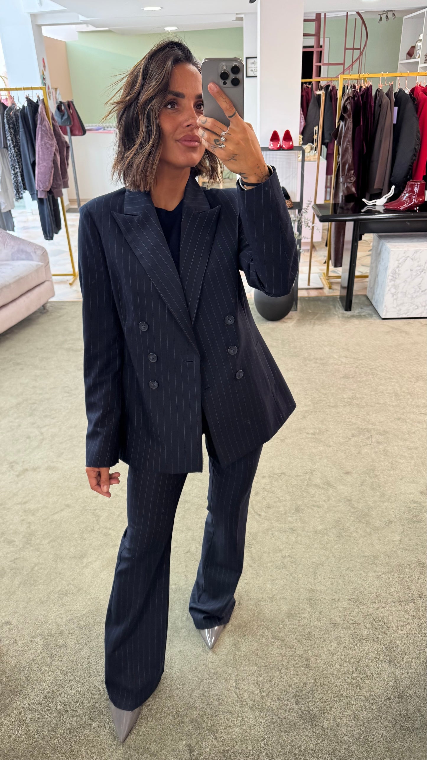 Pantaloni blu gessati a zampa fr