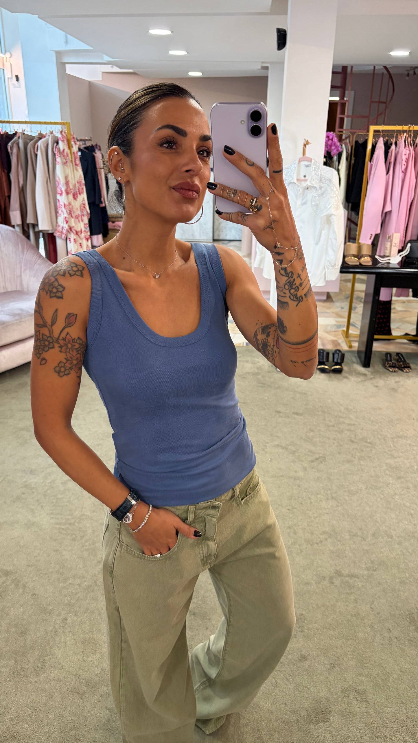 Canotta azzurro denim scollo tondo in viscosa ks