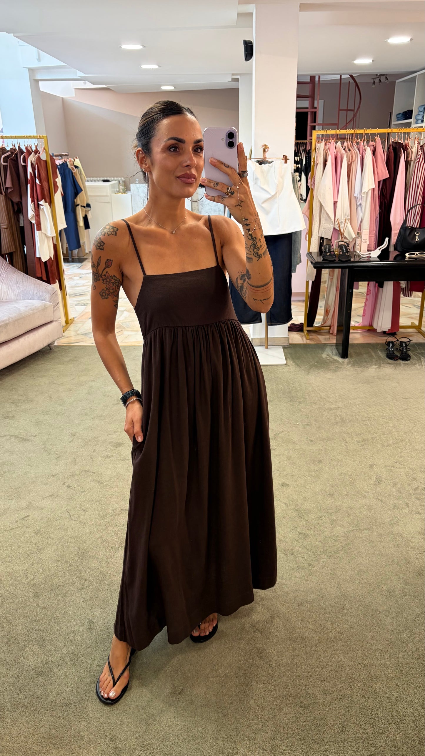 Abito midi marrone in viscosa e lino jx