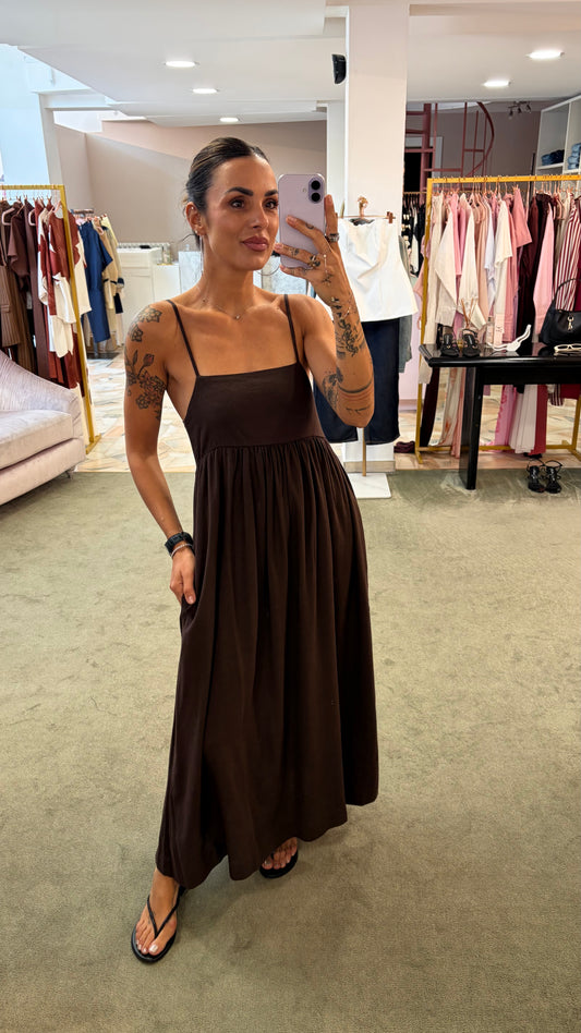 Abito midi marrone in viscosa e lino jx