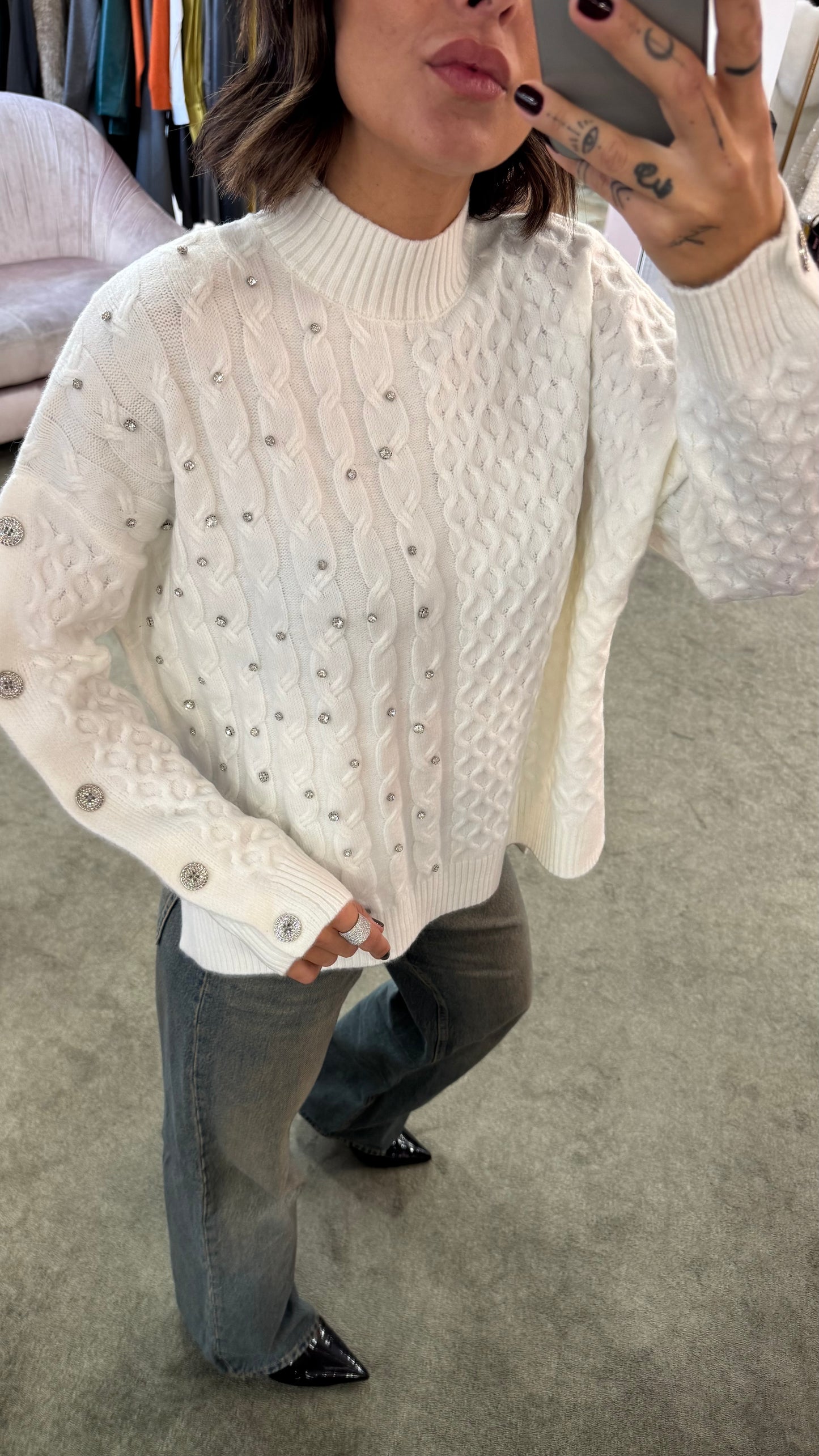 Maglione bianco a trecce con pietre fr