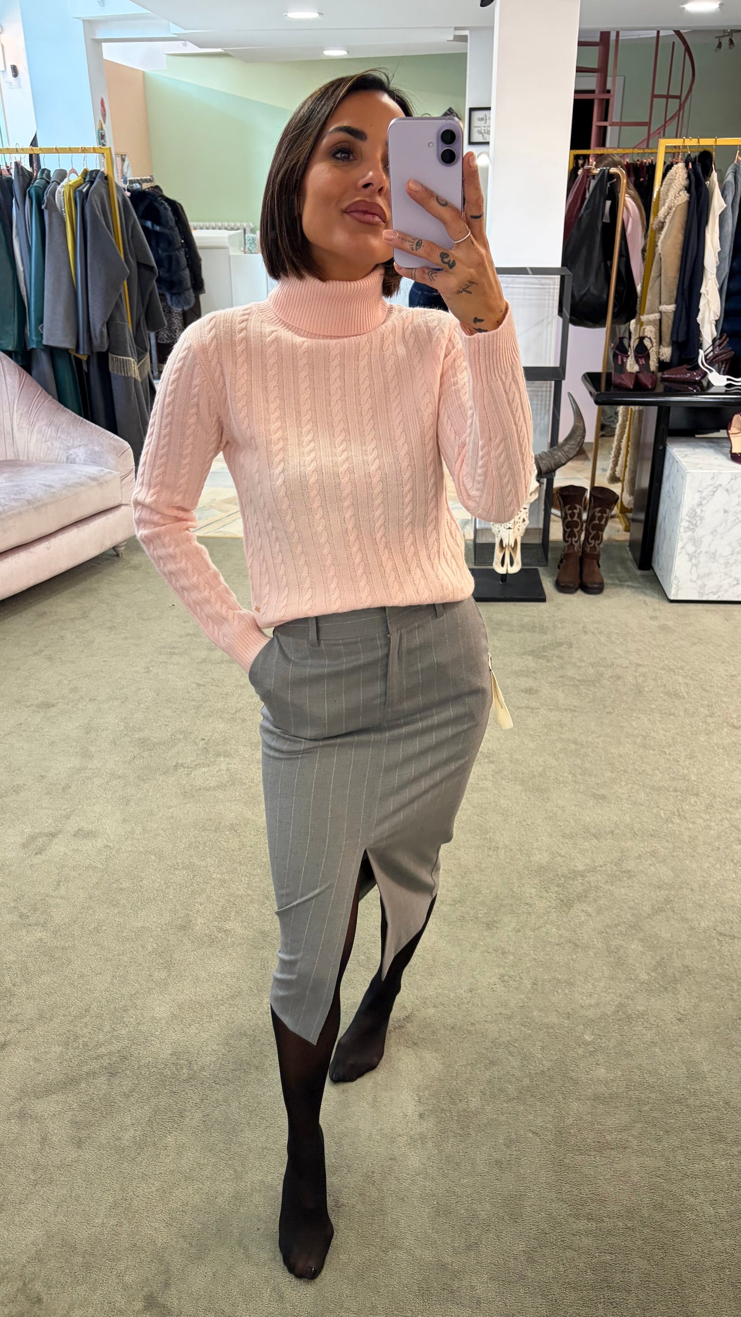 Gonna longuette MAR DE MARGARITAS grigia gessata con spacco