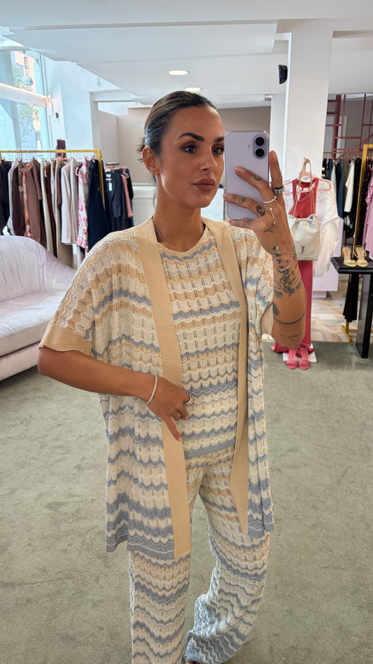 Cardigan missoni vibes azzurro e beige manica corta bj