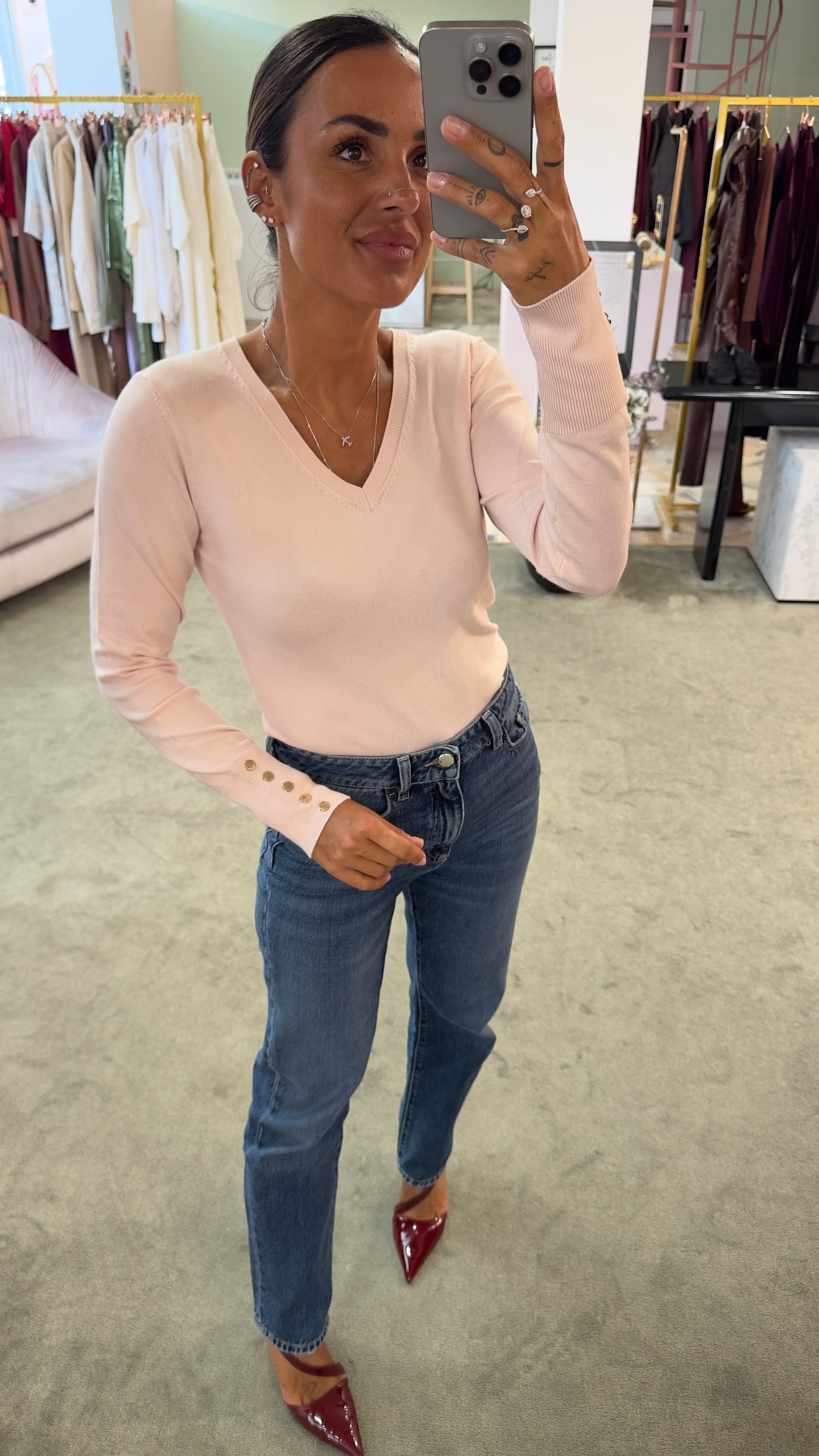 Maglione rosa baby scollo a v in viscosa fr