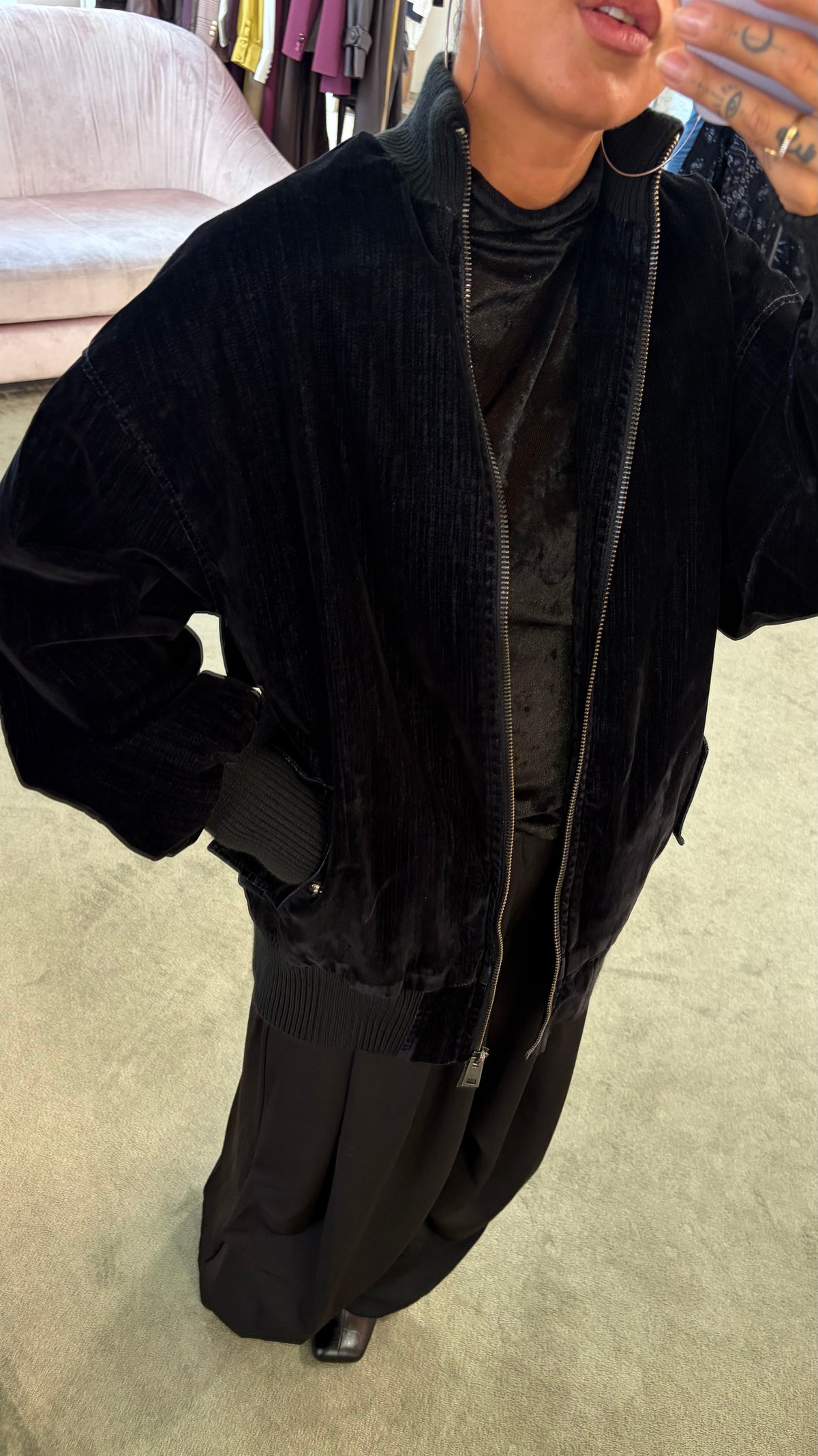 Bomber nero liscio over in velluto floccato Don't@Me
