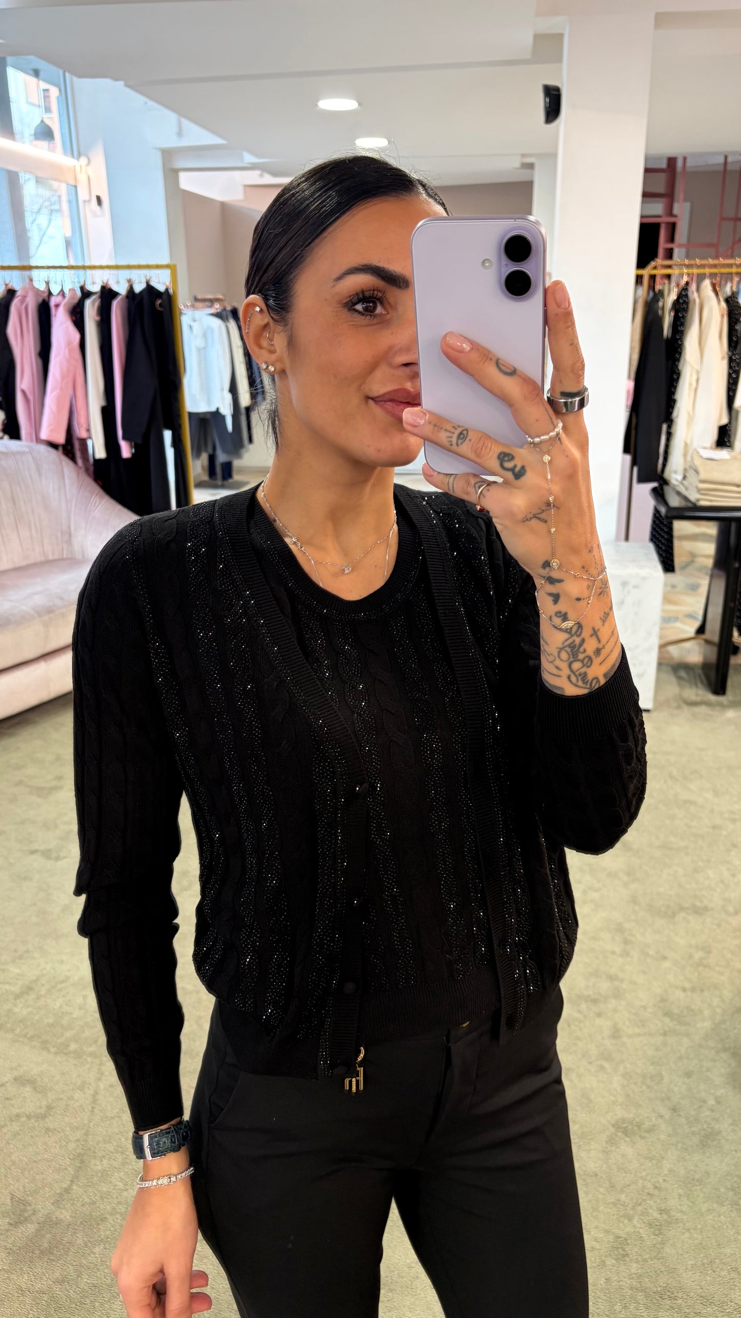 Maglia nera manica corta a trecce crystal fr