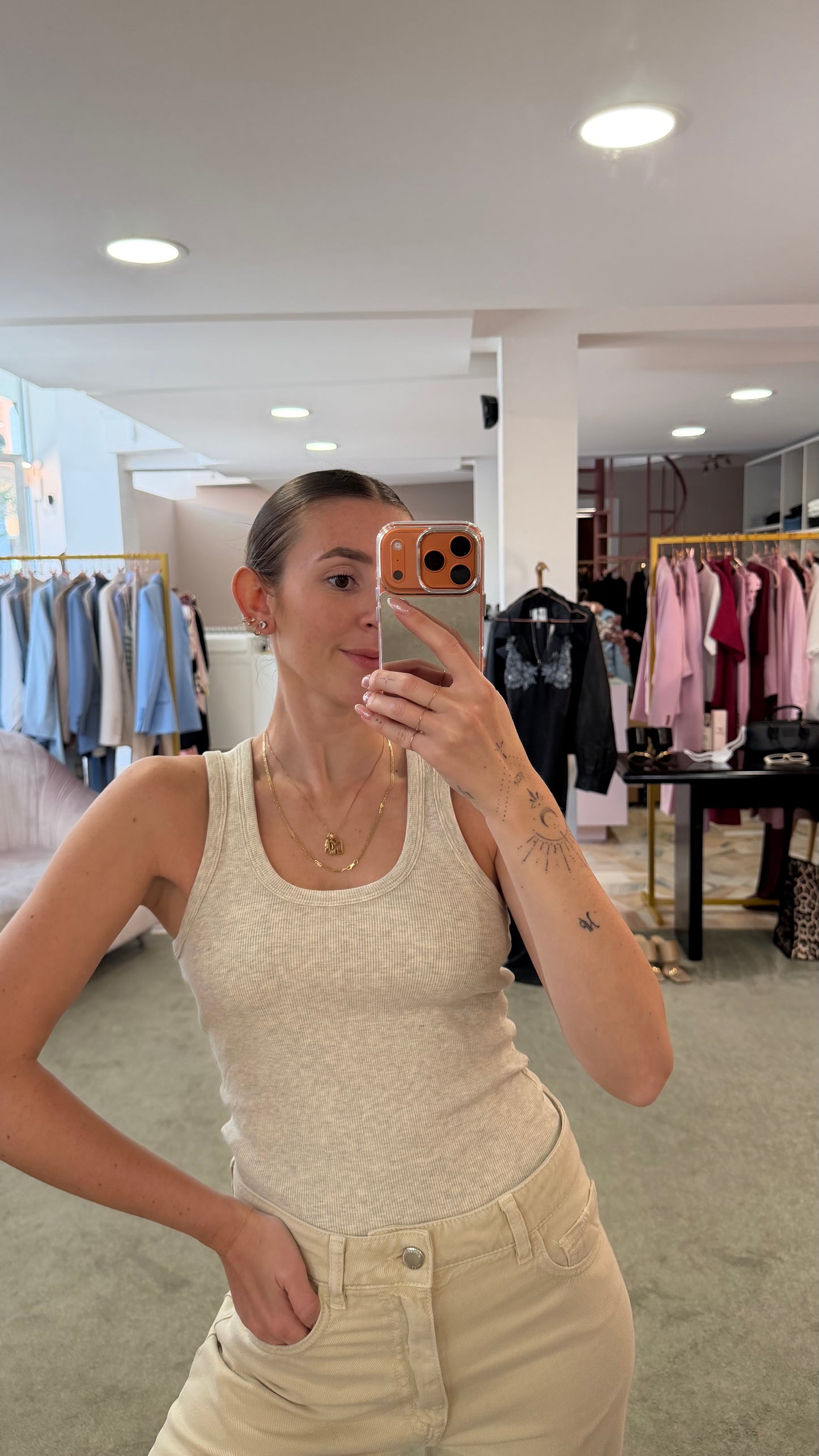 Canotta beige melange a costine scollo tondo jx