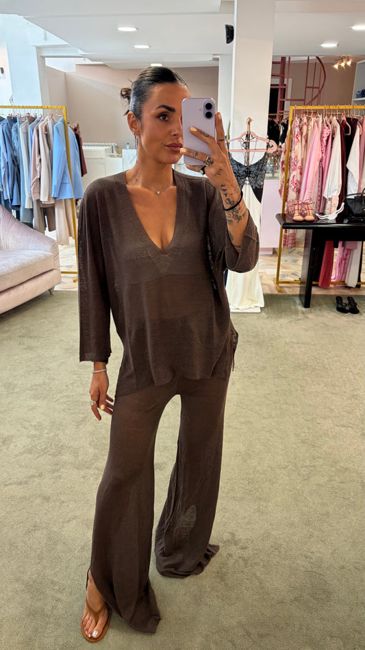 Maglia marrone cacao scollo a v in lino fy