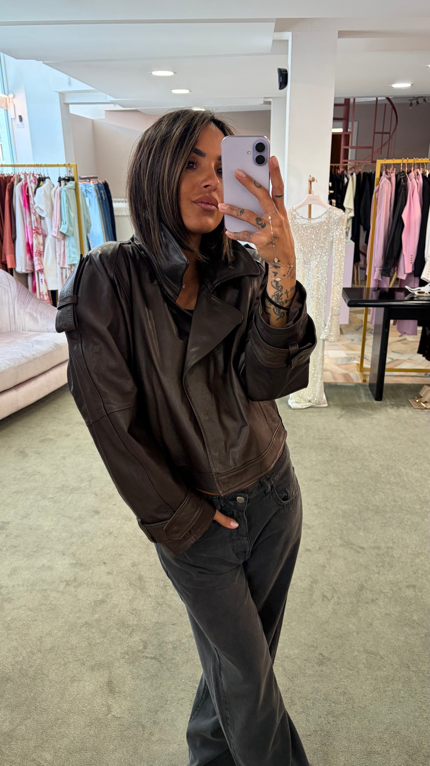 Giacca chiodo crop marrone in pelle vera Marsem