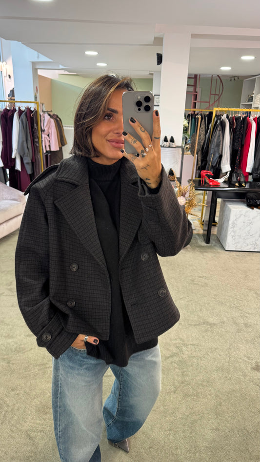 Cappotto caban tartan grigio e marrone corto jx