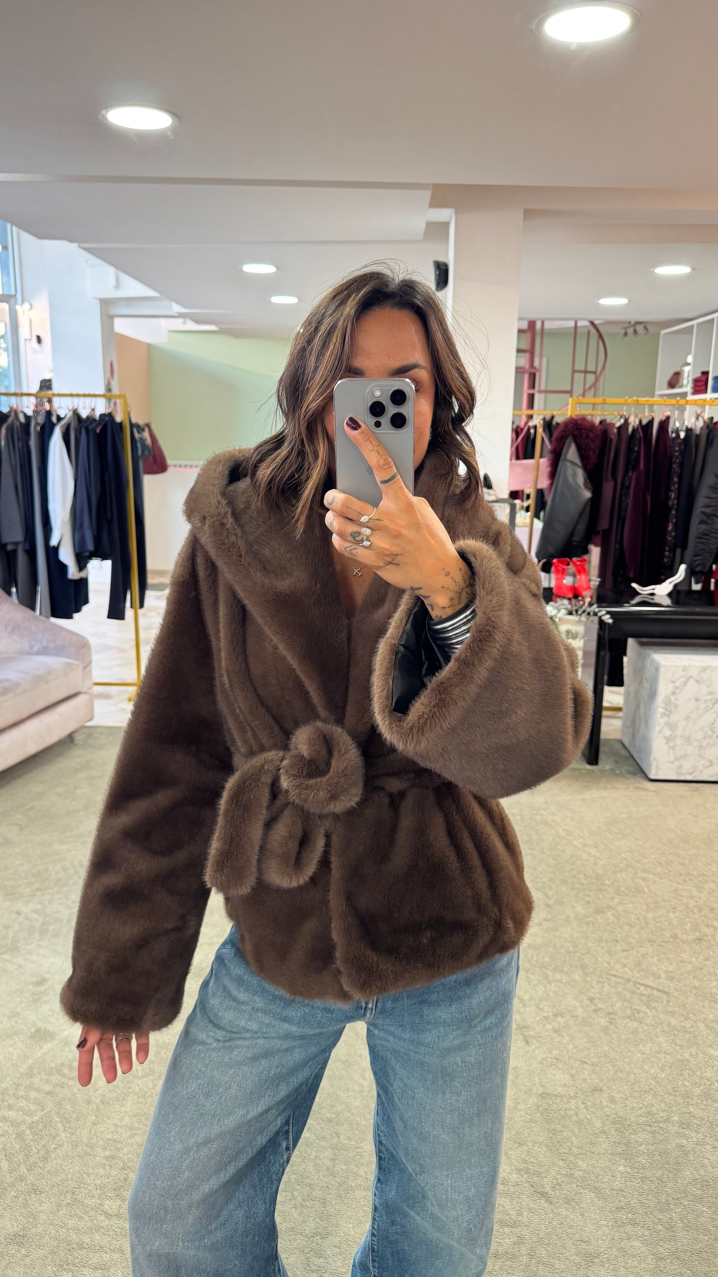 Pelliccia eco marrone luxury con cappuccio ys