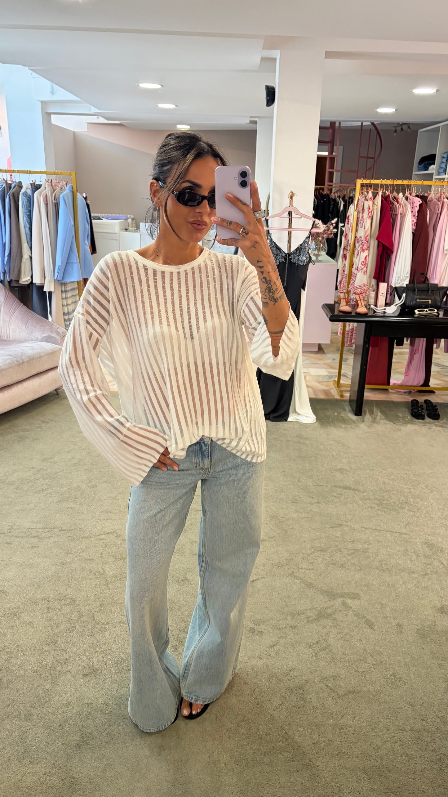 Maglia bianca maniche lunghe a righe trasparente bj