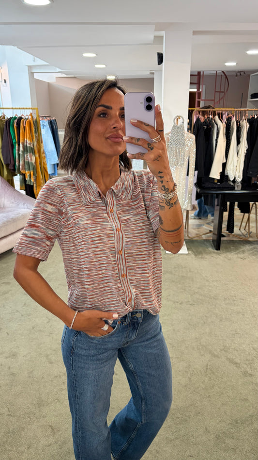 Polo camicia a righe multicolor con bottoncini apribili manica corta ay