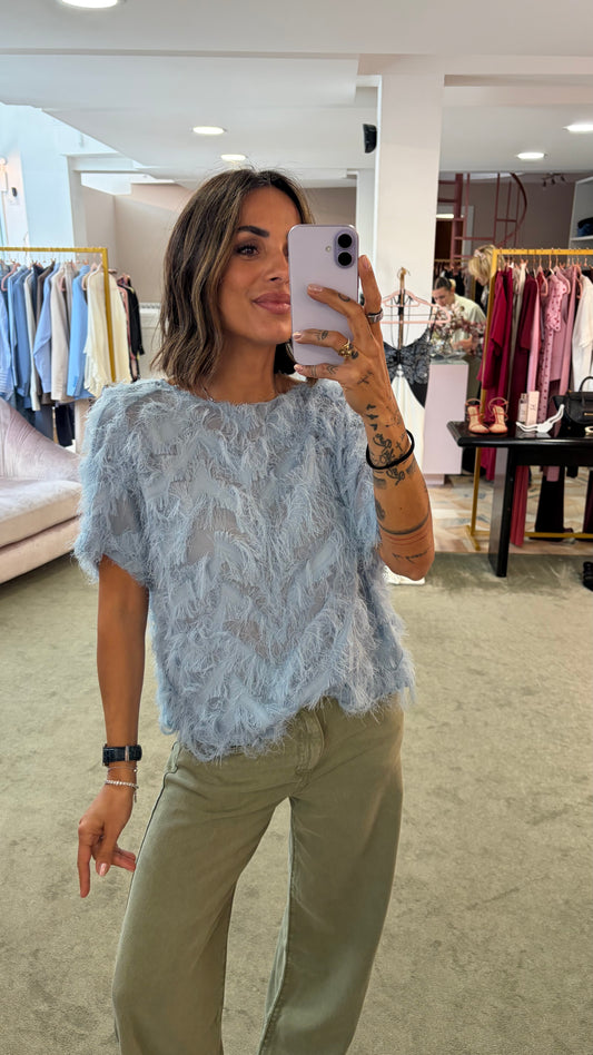 Blusa azzurro polvere effetto piume manica corta sl