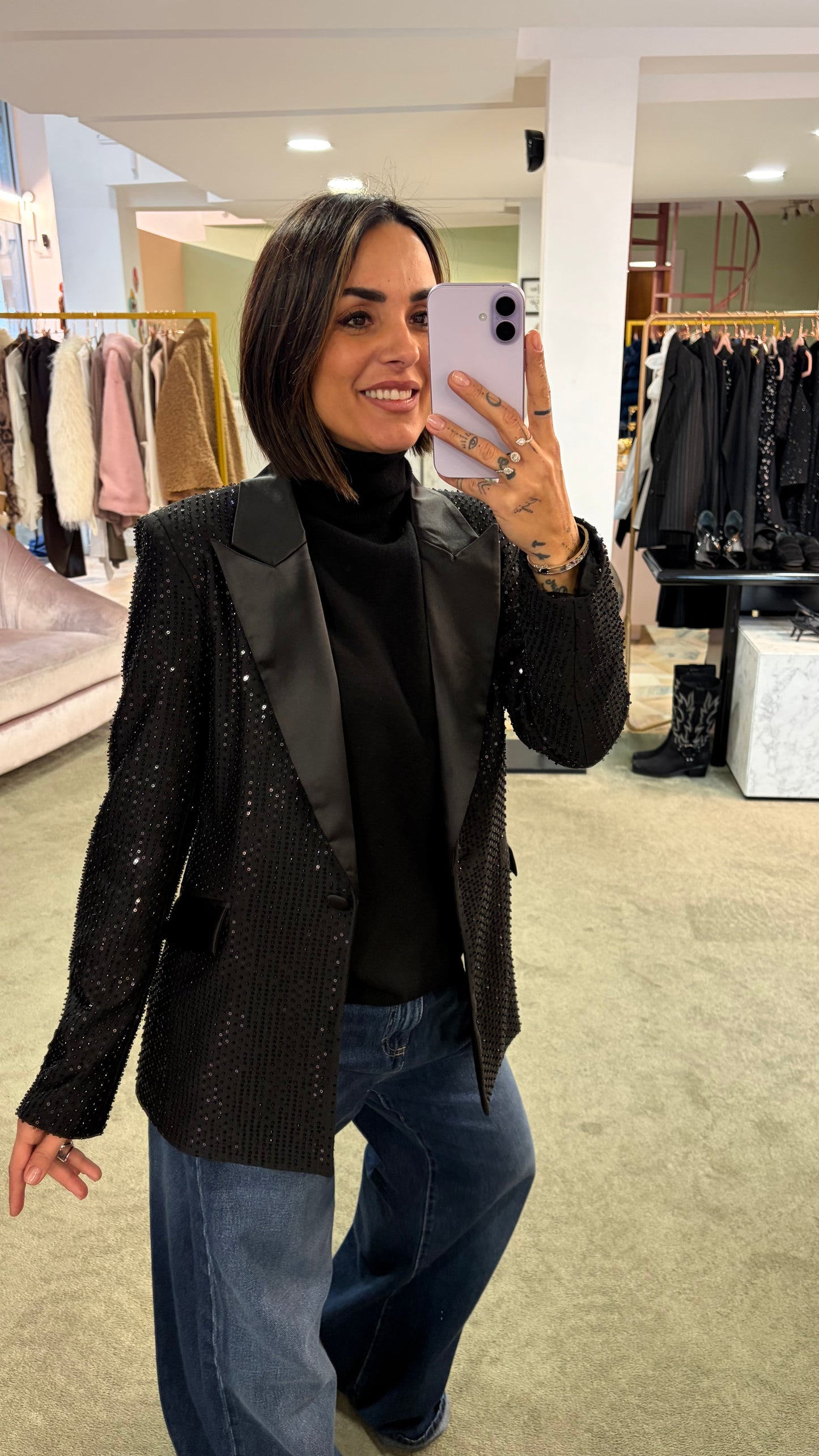 Blazer nero crystal con rever in raso fr