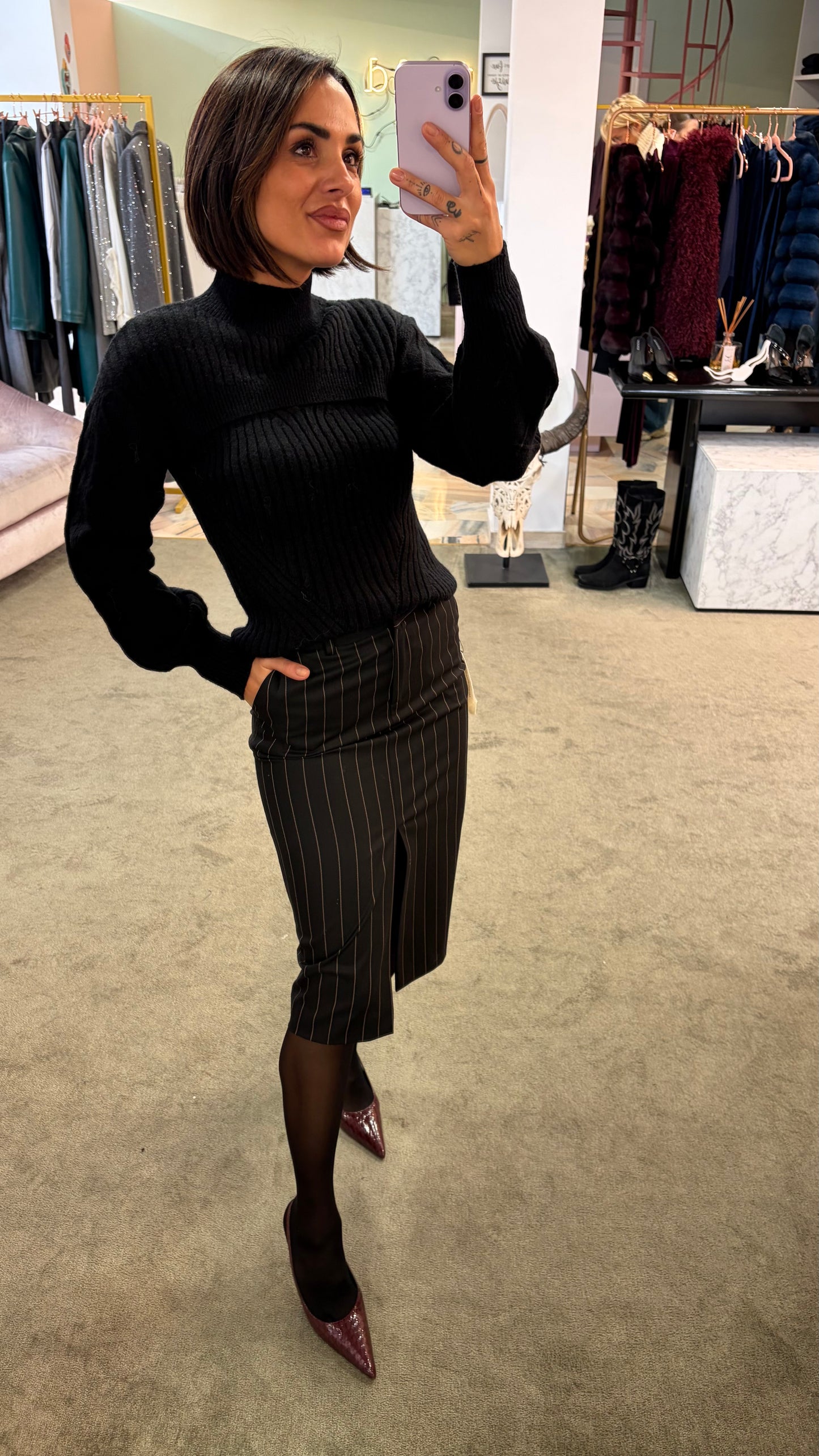 Gonna longuette MAR DE MARGARITAS nera gessata con spacco